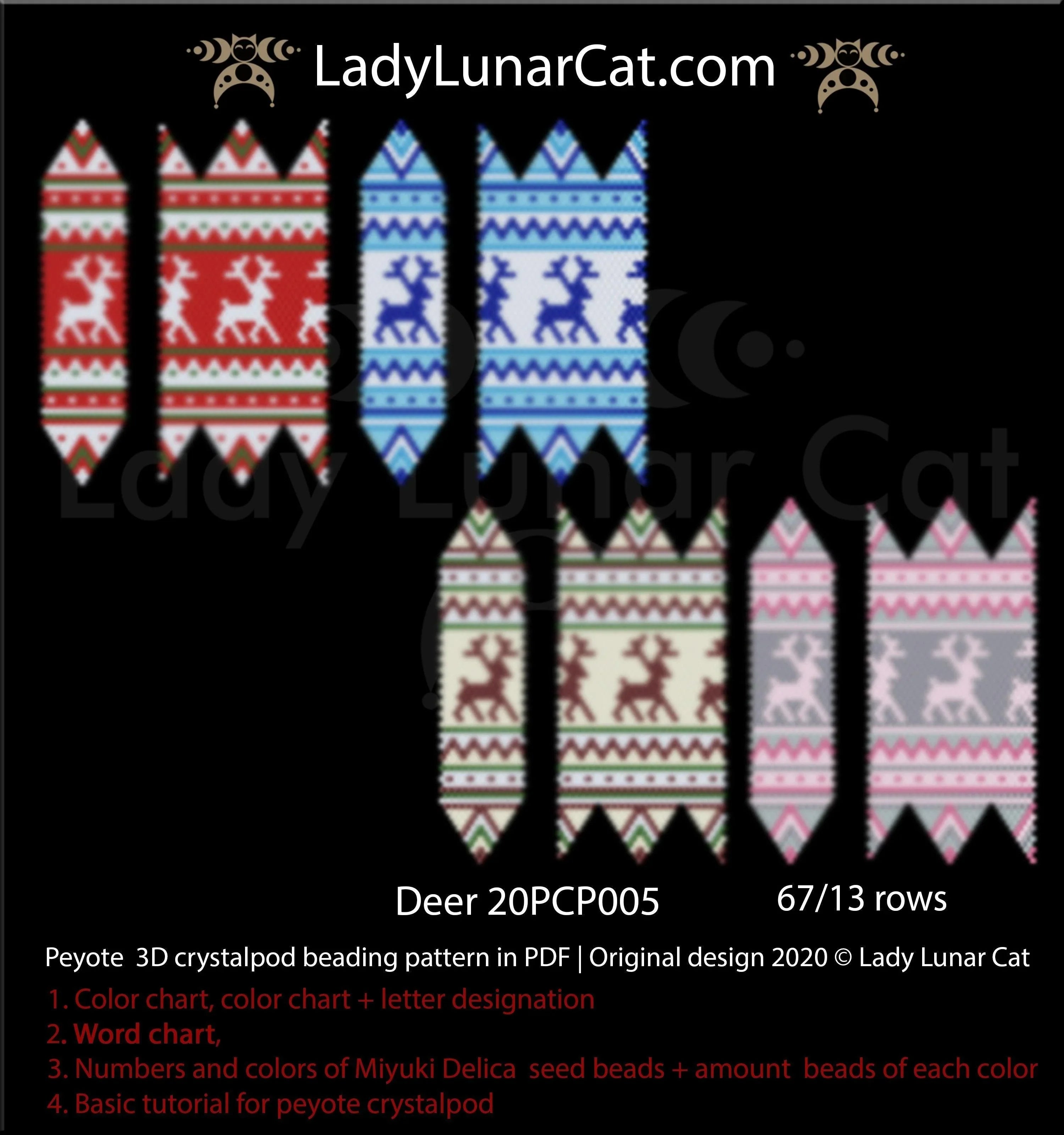 3D peyote crystalpod deer — 13 rows, 4 colorways, Christmas ornament, instant download