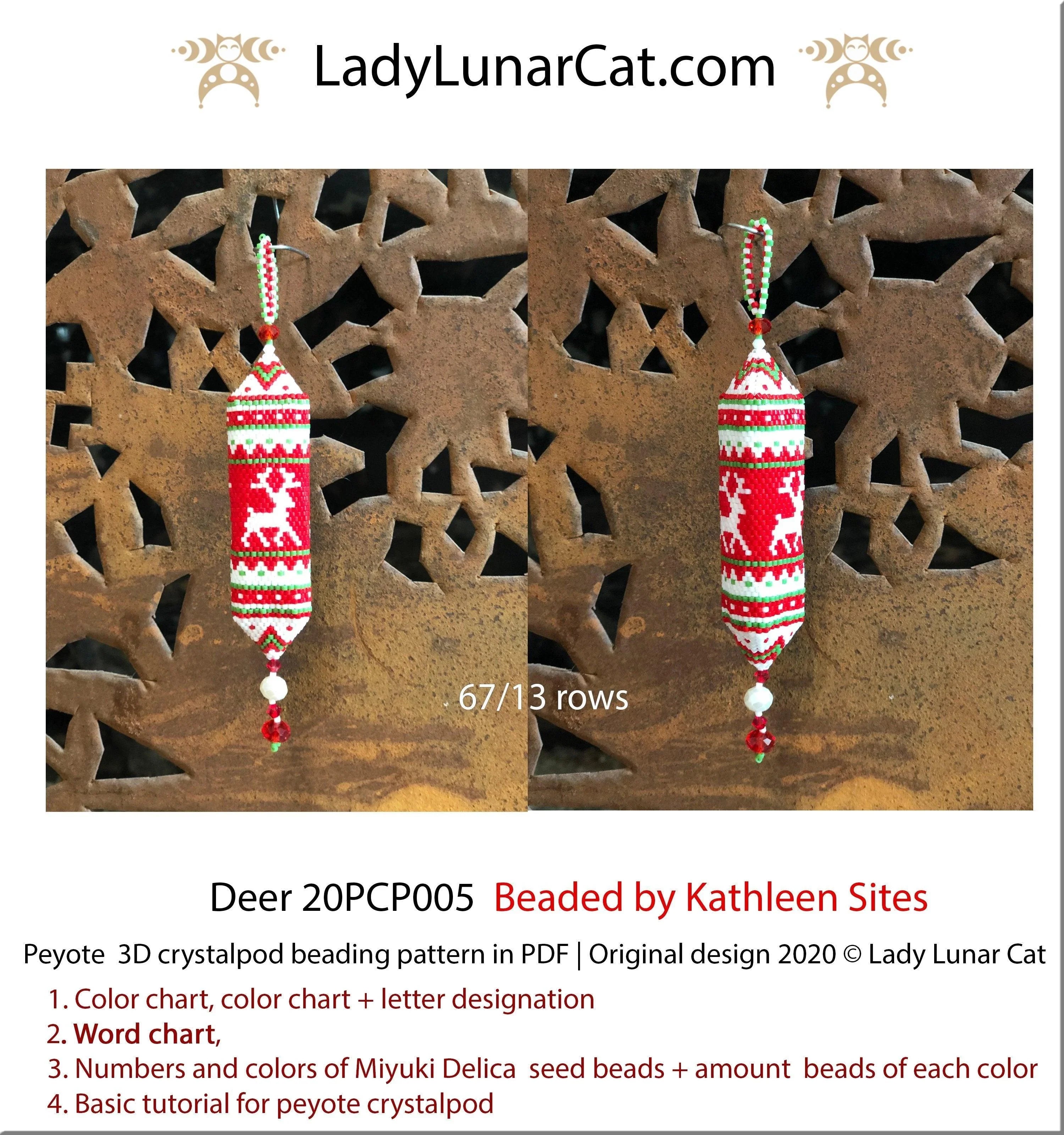 Beaded Christmas deer crystalpod — 3D peyote tutorial PDF for all levels