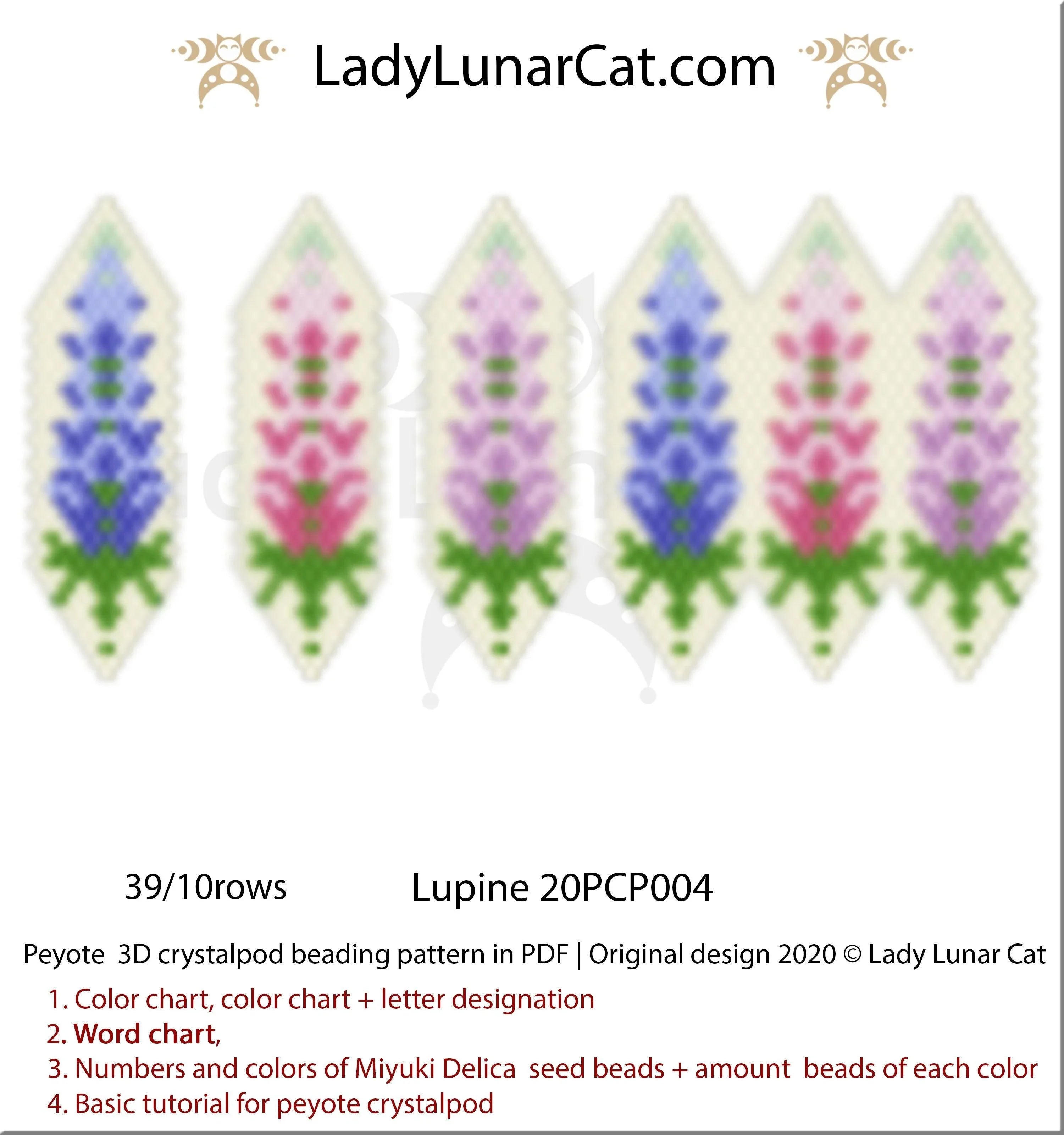 Lupine peyote crystalpod beading pattern — 9 colors, 3 petals, Miyuki Delica 11/0