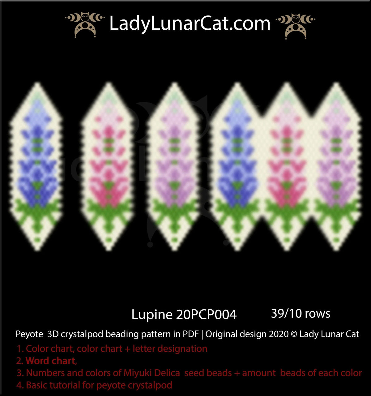 Beaded lupine floral crystalpod pendant — peyote tutorial PDF for all levels