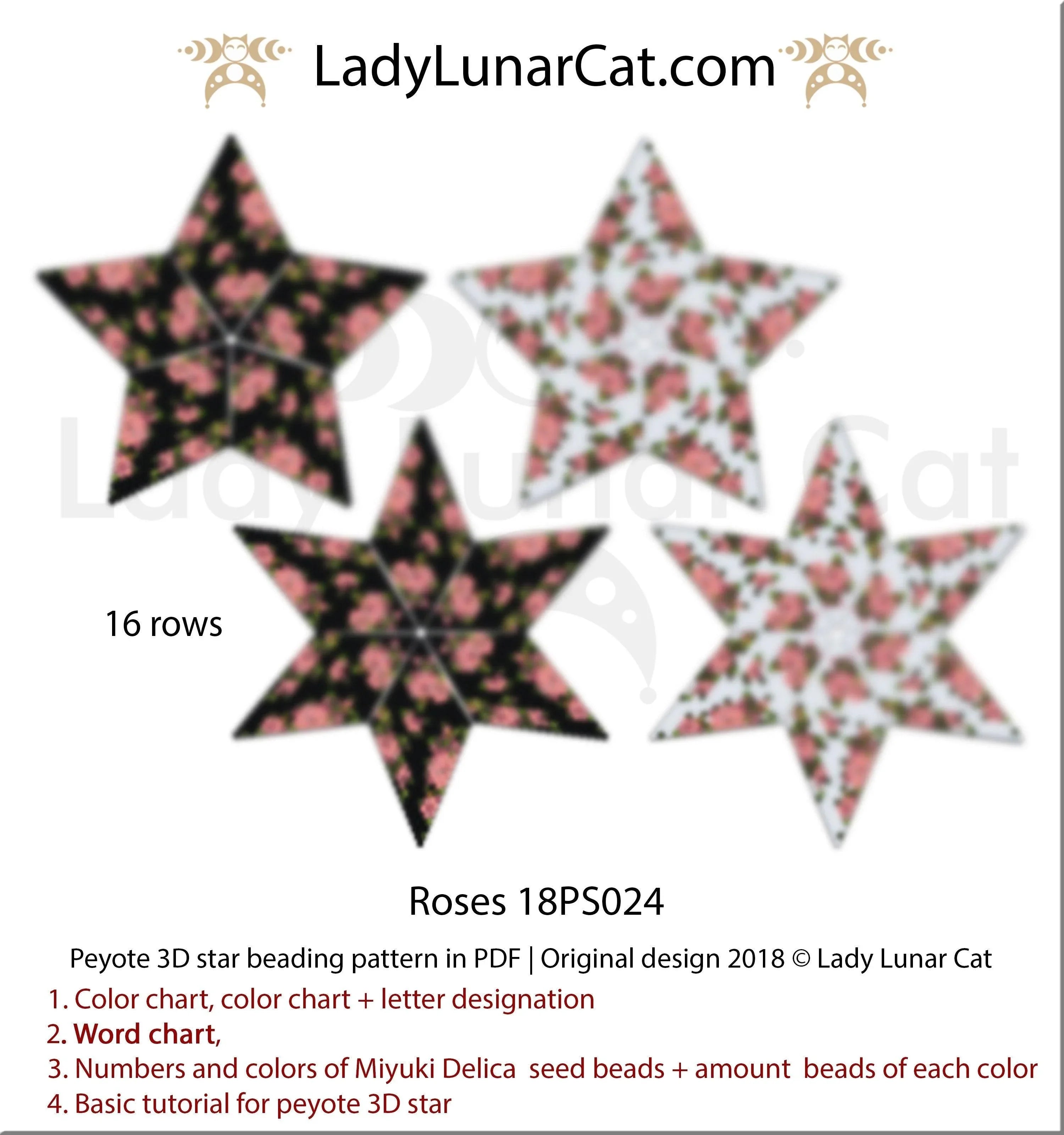 Roses peyote star pattern PDF by Lady Lunar Cat — 3D beaded star 18PS024