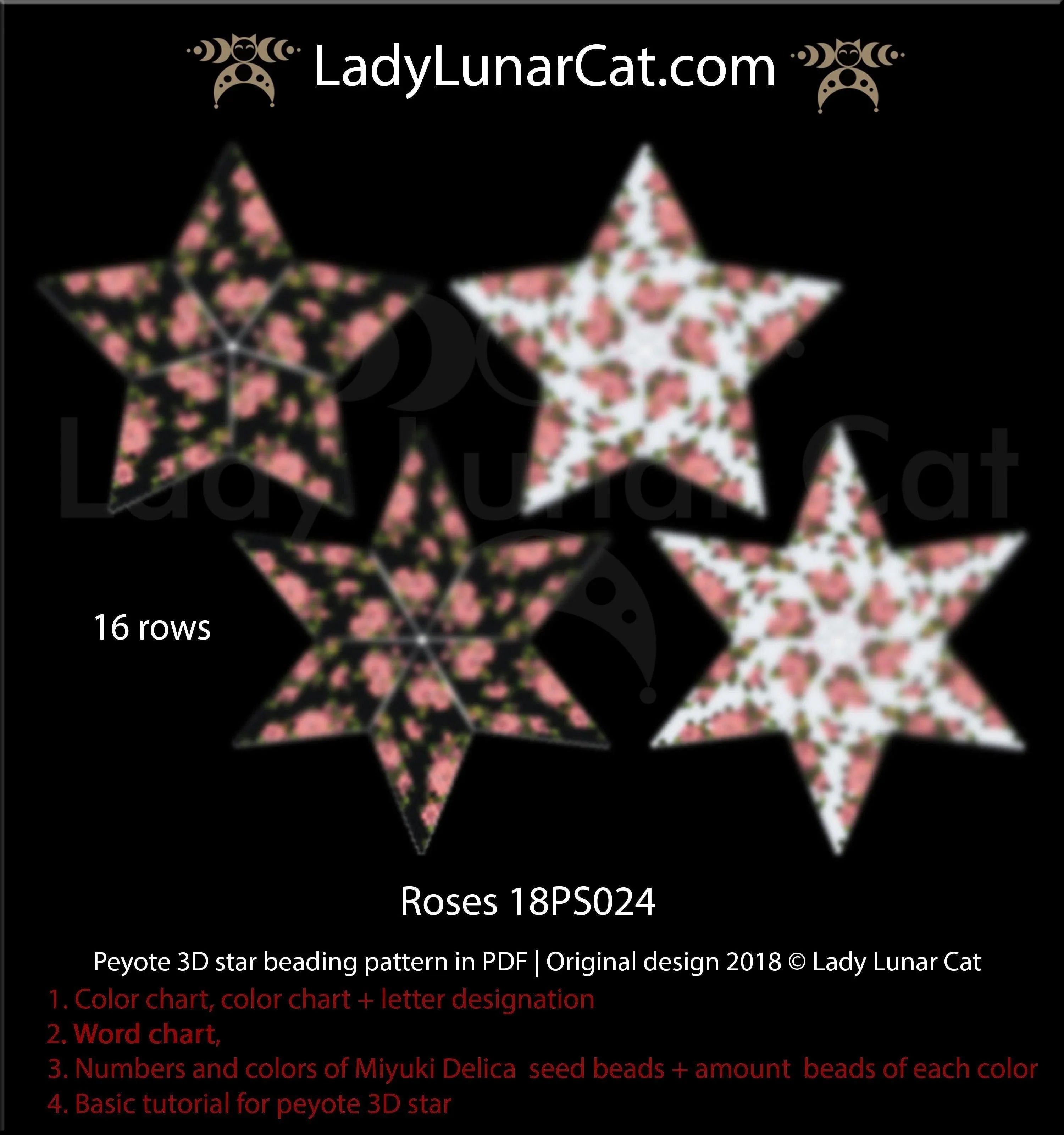 Vintage floral peyote star beading pattern — blush pink roses, Miyuki Delica 11/0