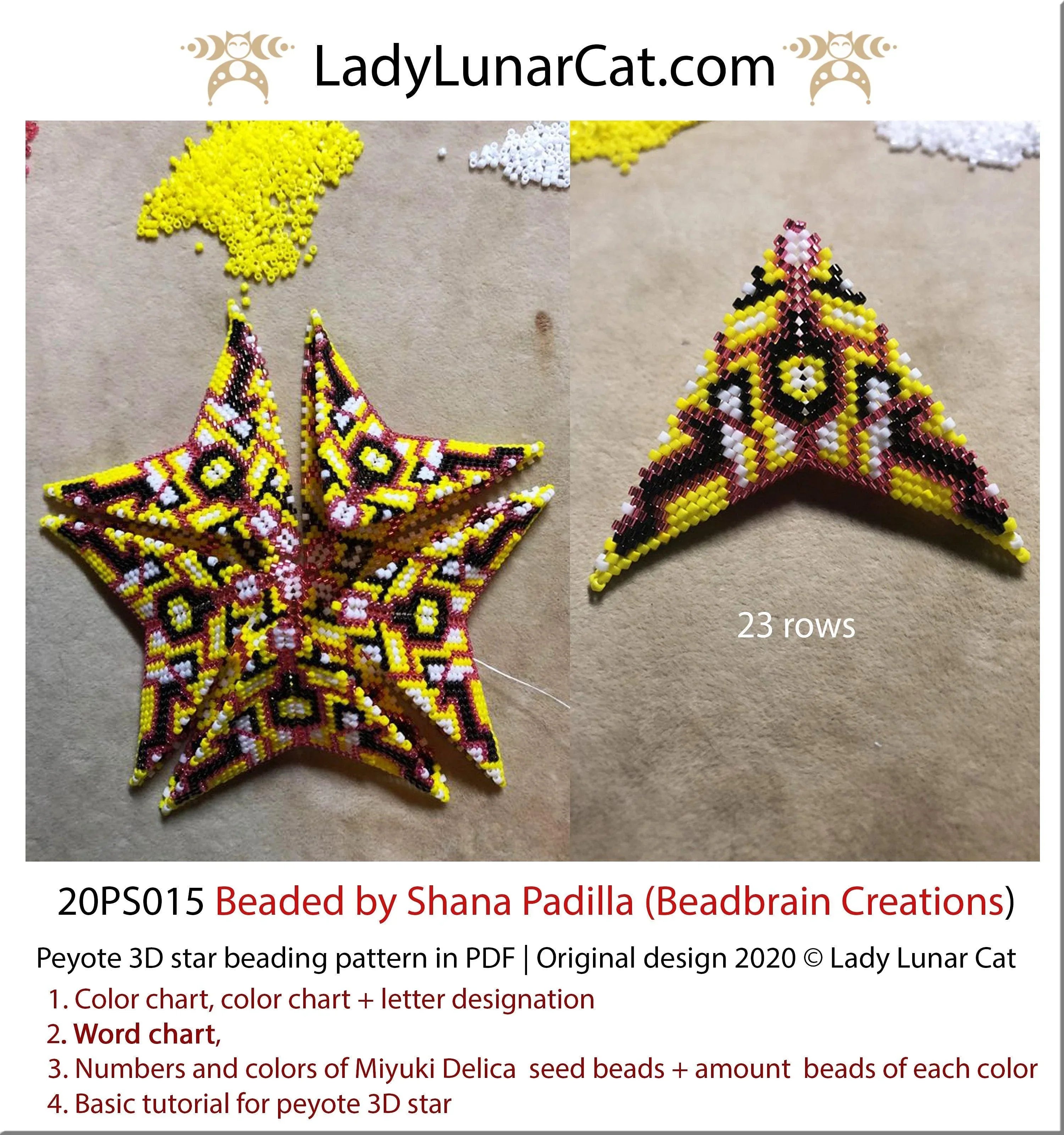 Yellow abstract peyote star — 4 colors, 45-bead radius, sunny geometric, Miyuki Delica 11/0
