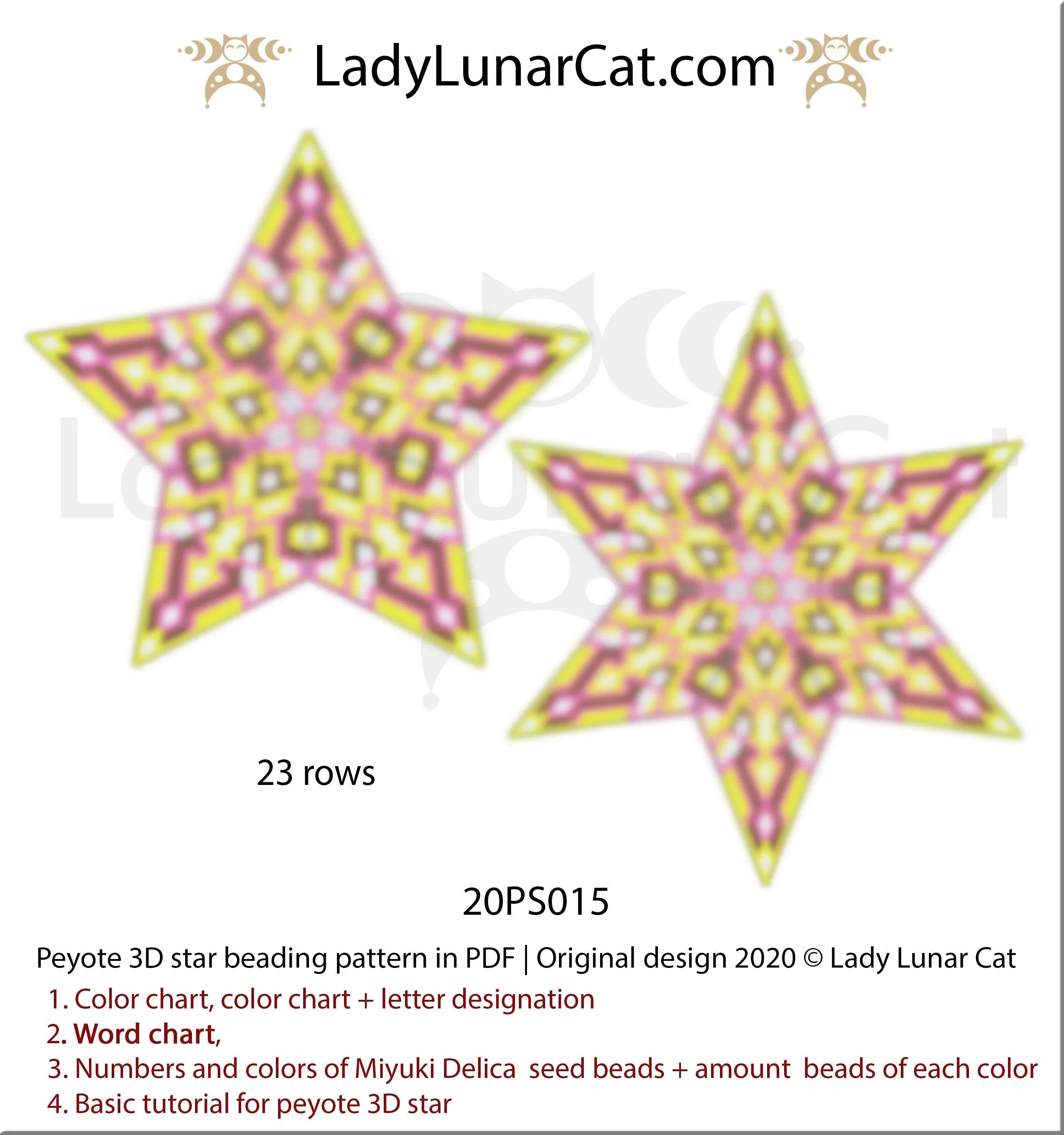 3D peyote star yellow abstract — 23 corner rows, flowers or sunshine, instant download