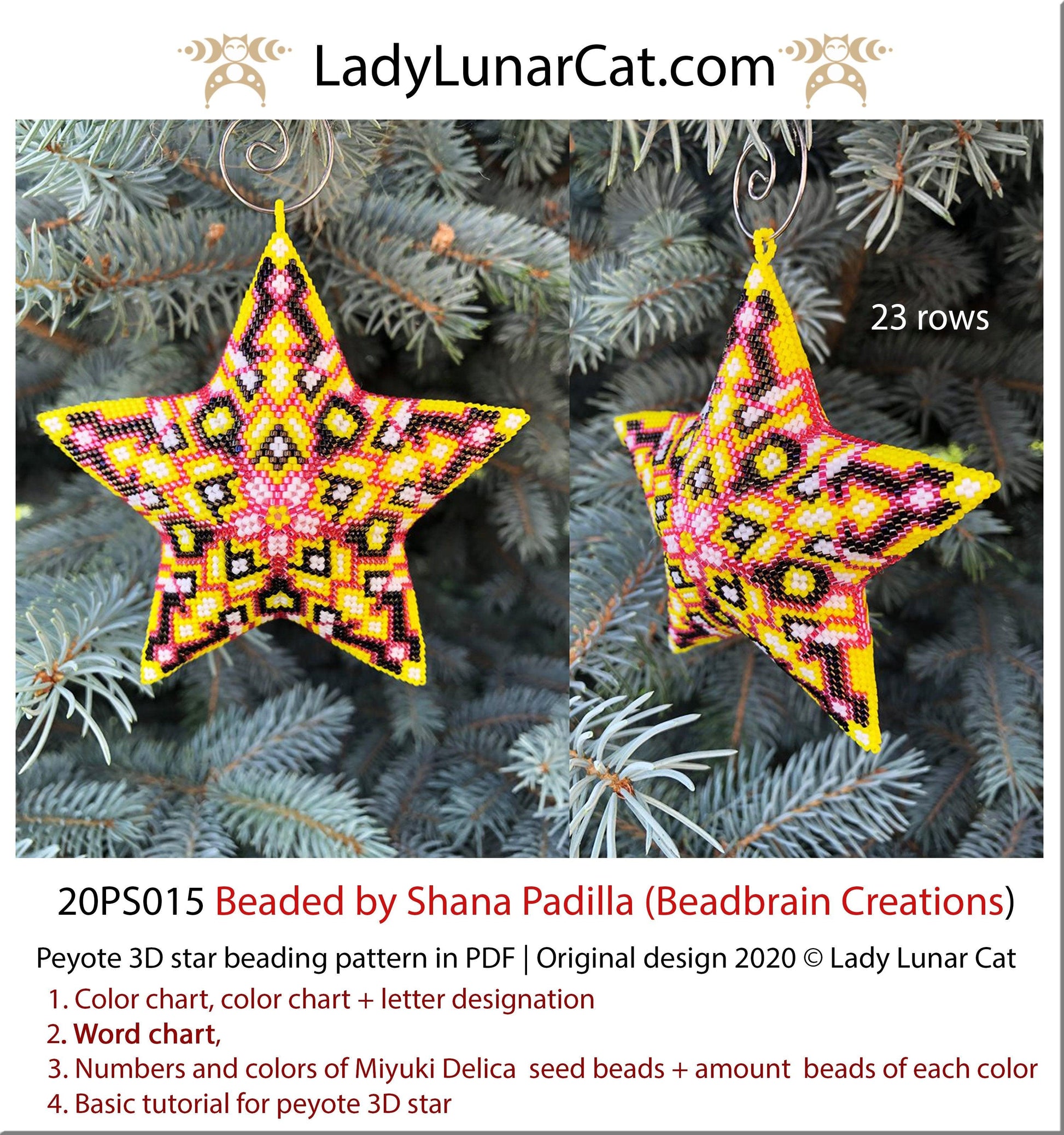 3d peyote star pattern for beading yellow Abstract  20PS015 LadyLunarCat