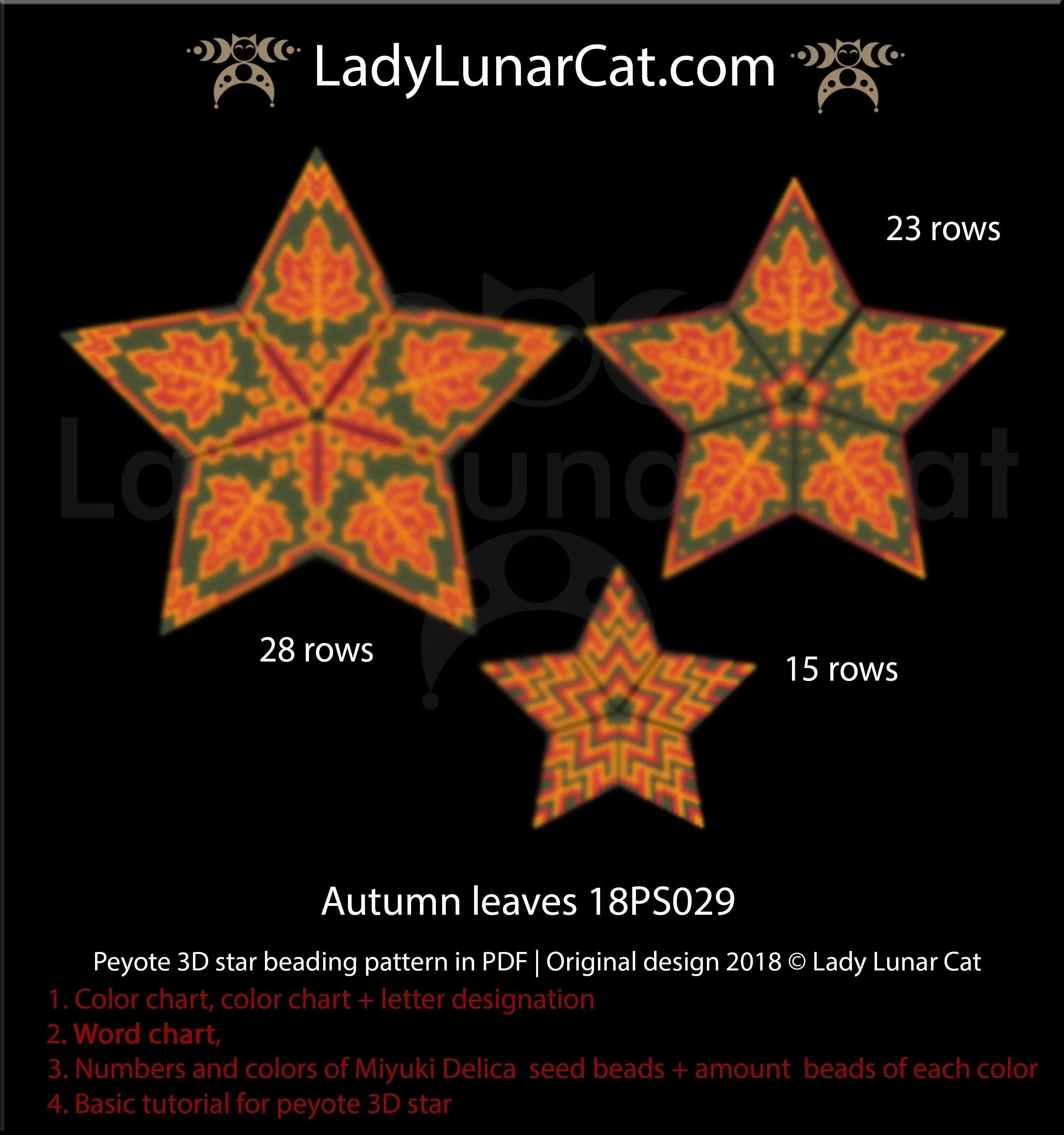 3D peyote star autumn leaves — 3 sizes fall foliage orange ornament instant download LadyLunarCat
