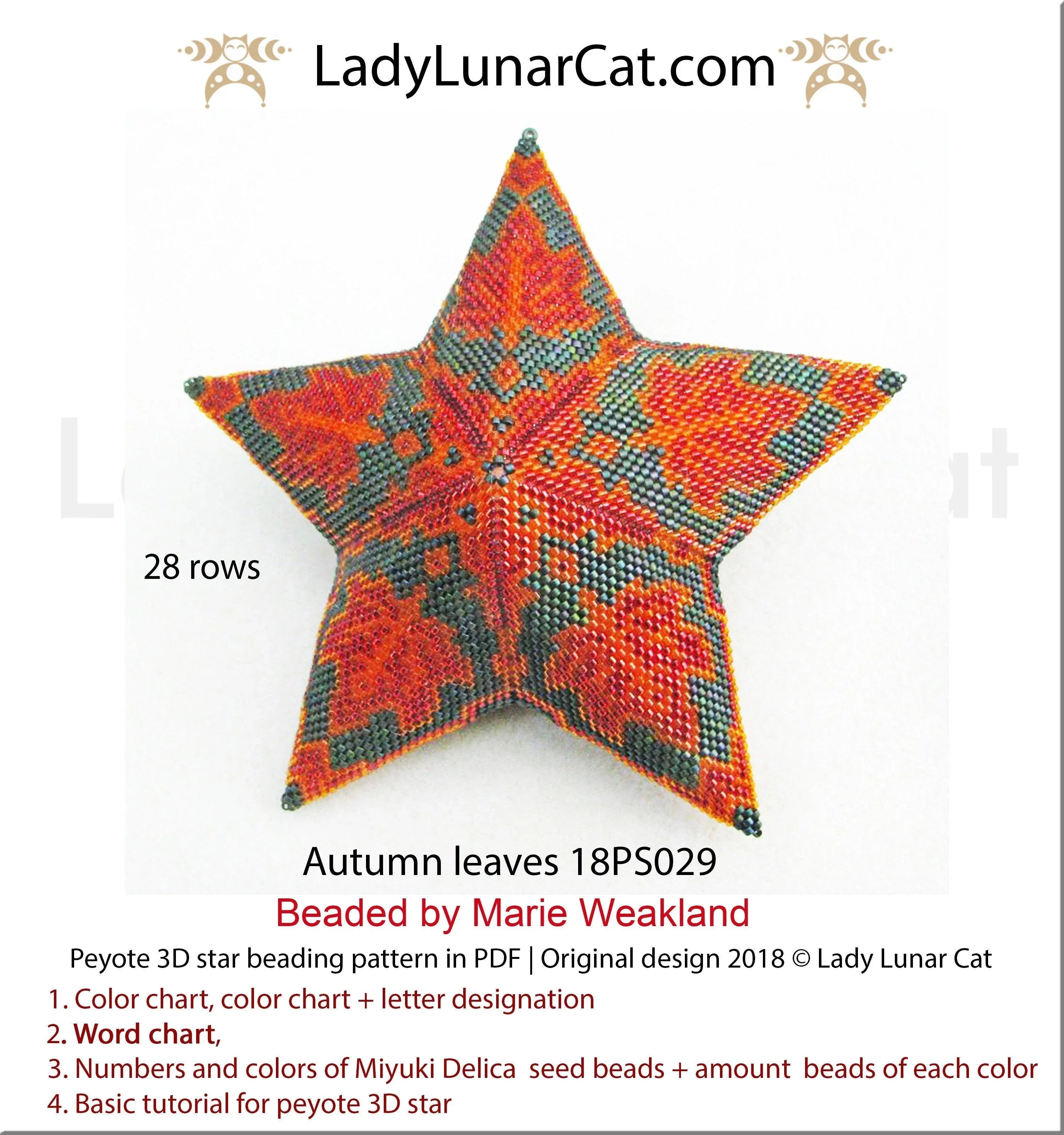 Autumn leaves peyote star pattern by Lady Lunar Cat — 3 sizes fall foliage orange beading PDF 18PS029