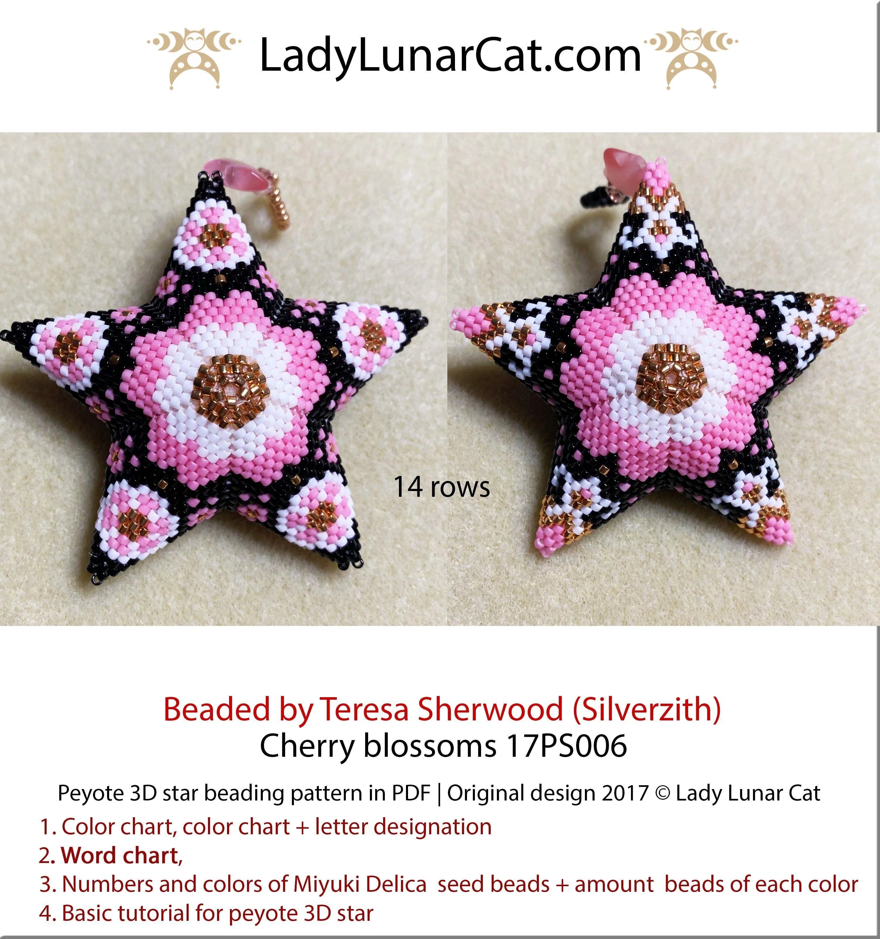 Cherry Blossoms peyote star - 27 beads 14 rows 3 colorways sakura PDF LadyLunarCat