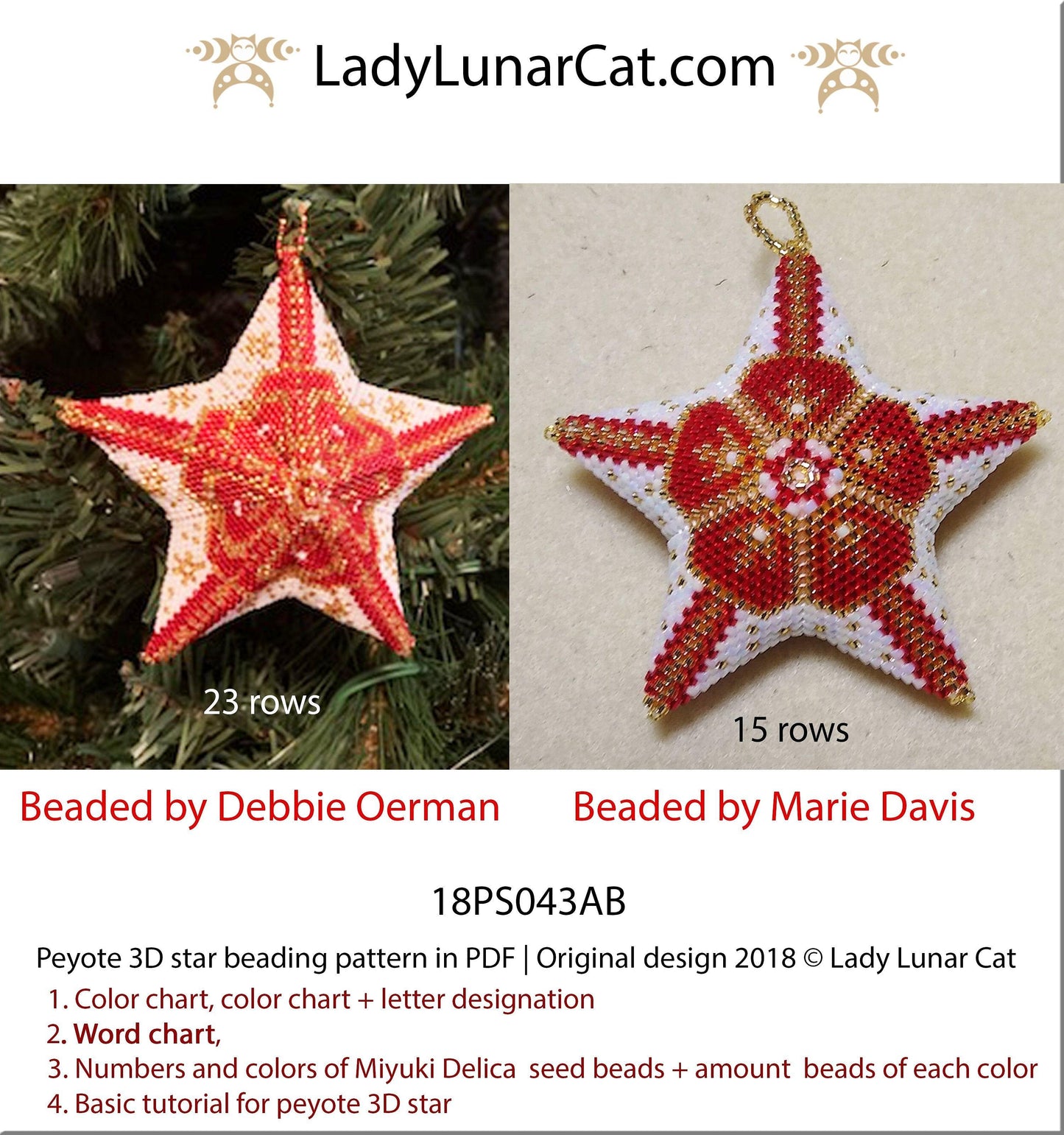 3d peyote star patterns for beading Christmas Winter 18PS043 LadyLunarCat