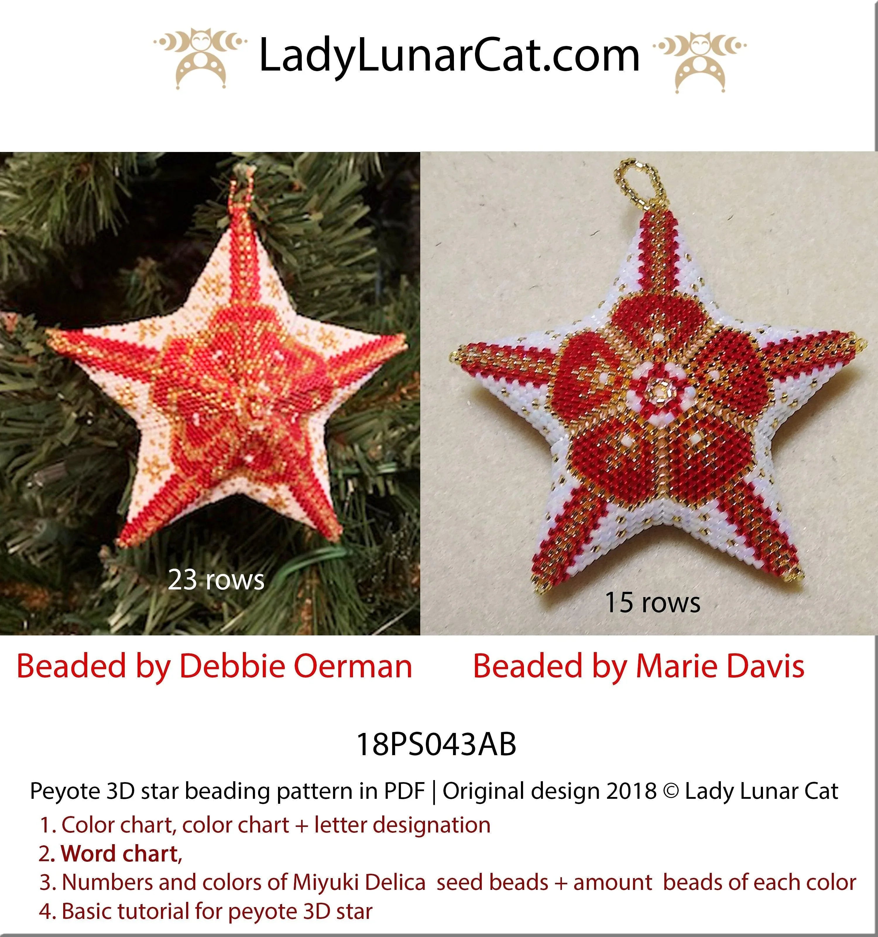 Christmas bows peyote star pattern by Lady Lunar Cat — 2 sizes gift vintage ornament beading PDF 18PS043AB