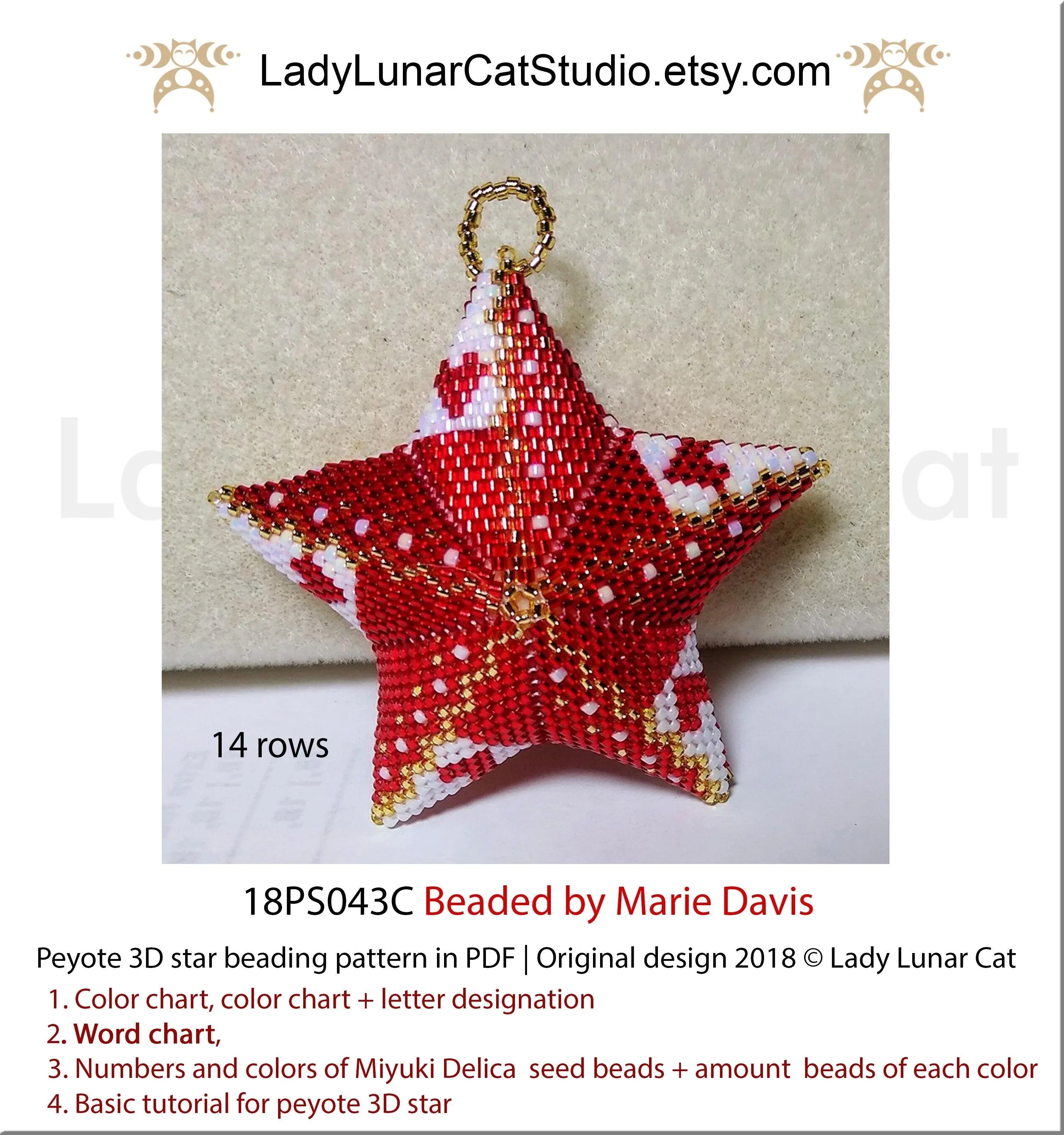 Swirl Christmas peyote star by Lady Lunar Cat — small 3 colors holiday beading PDF 18PS043C