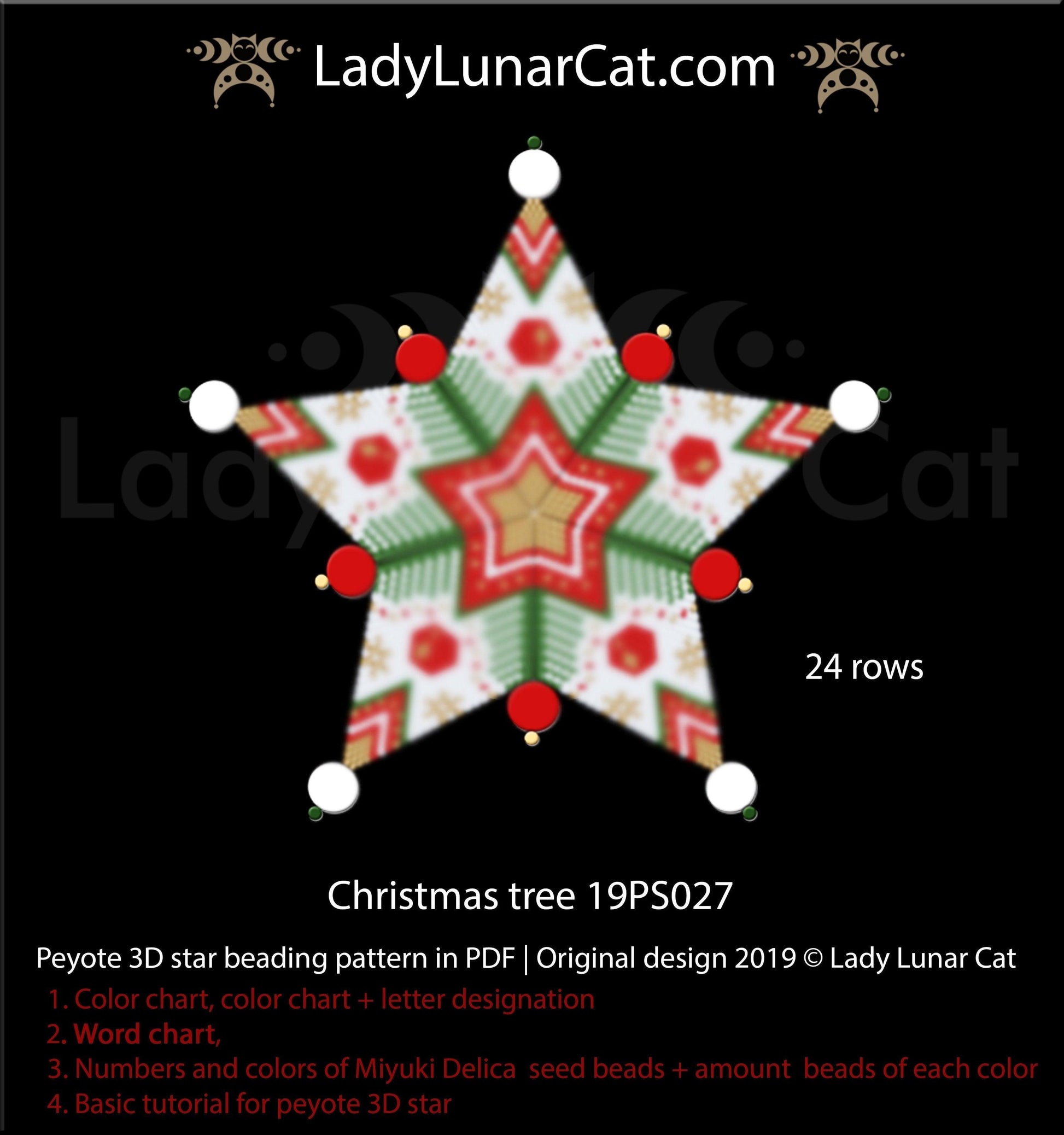 3d peyote star patterns for beading Christmas tree 19PS027 LadyLunarCat