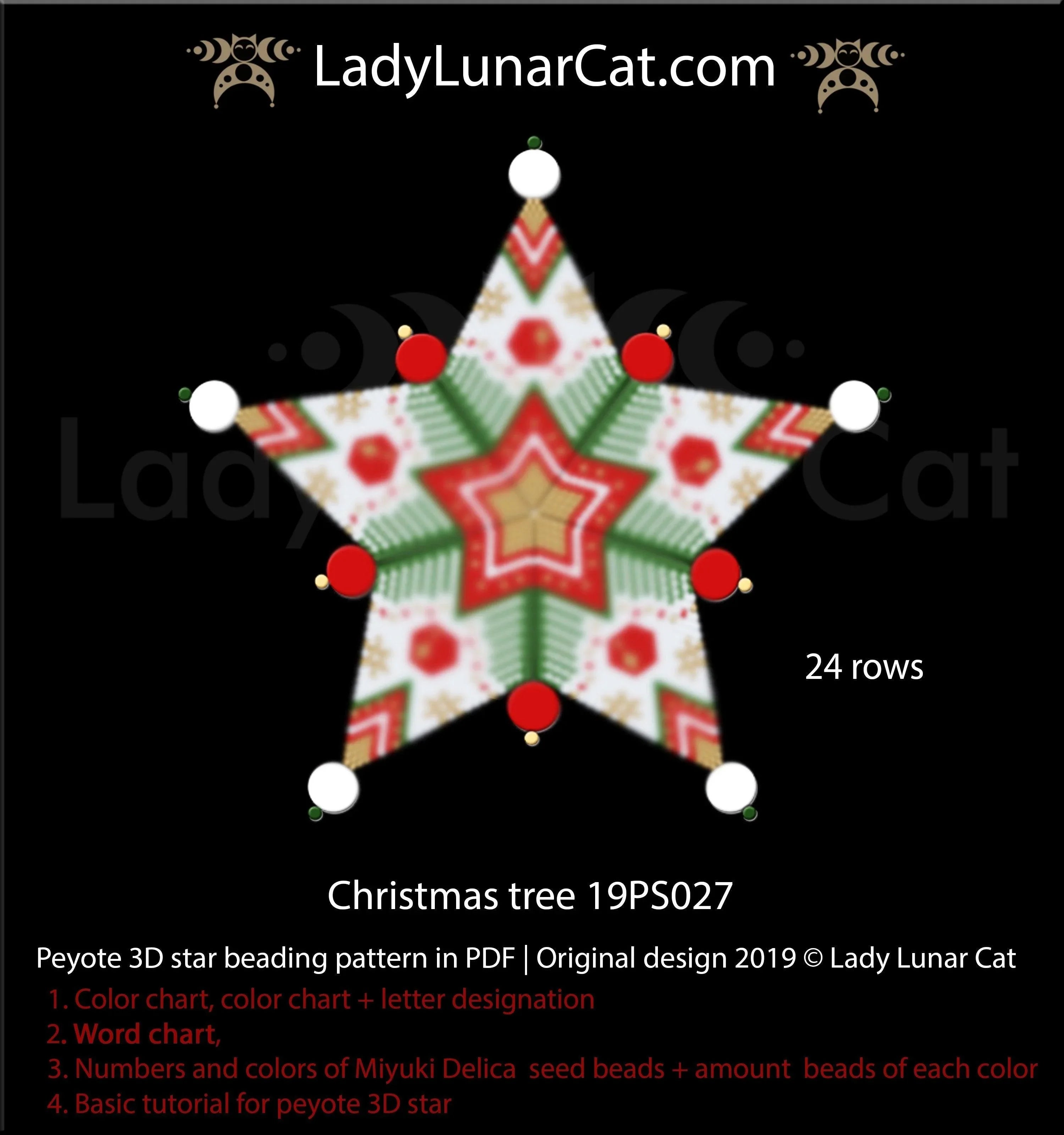 3D peyote star Christmas tree — 24 corner rows, festive ornament, instant download