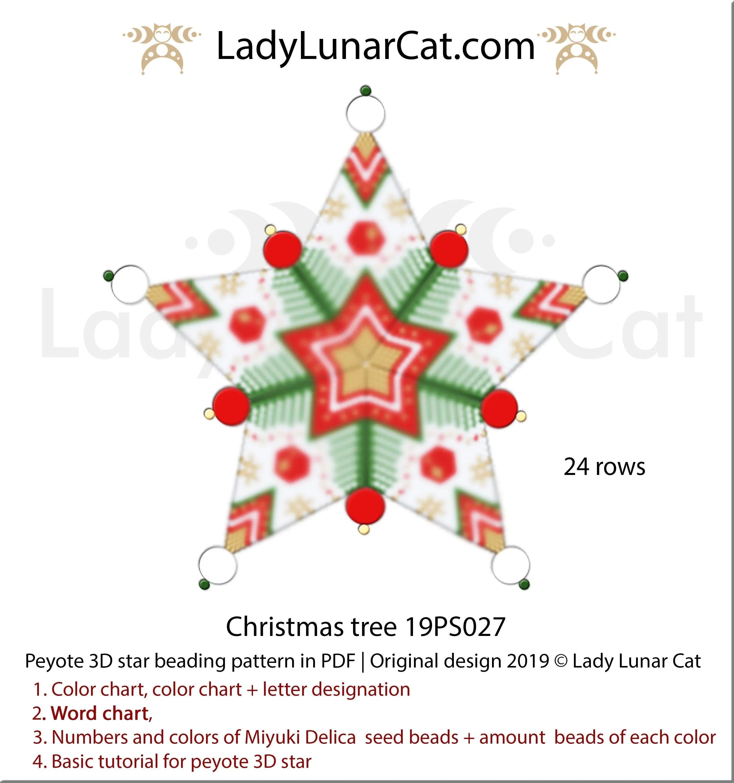 Christmas tree peyote star — 4 colors, 46-bead radius, fir branches motif, Miyuki Delica 11/0