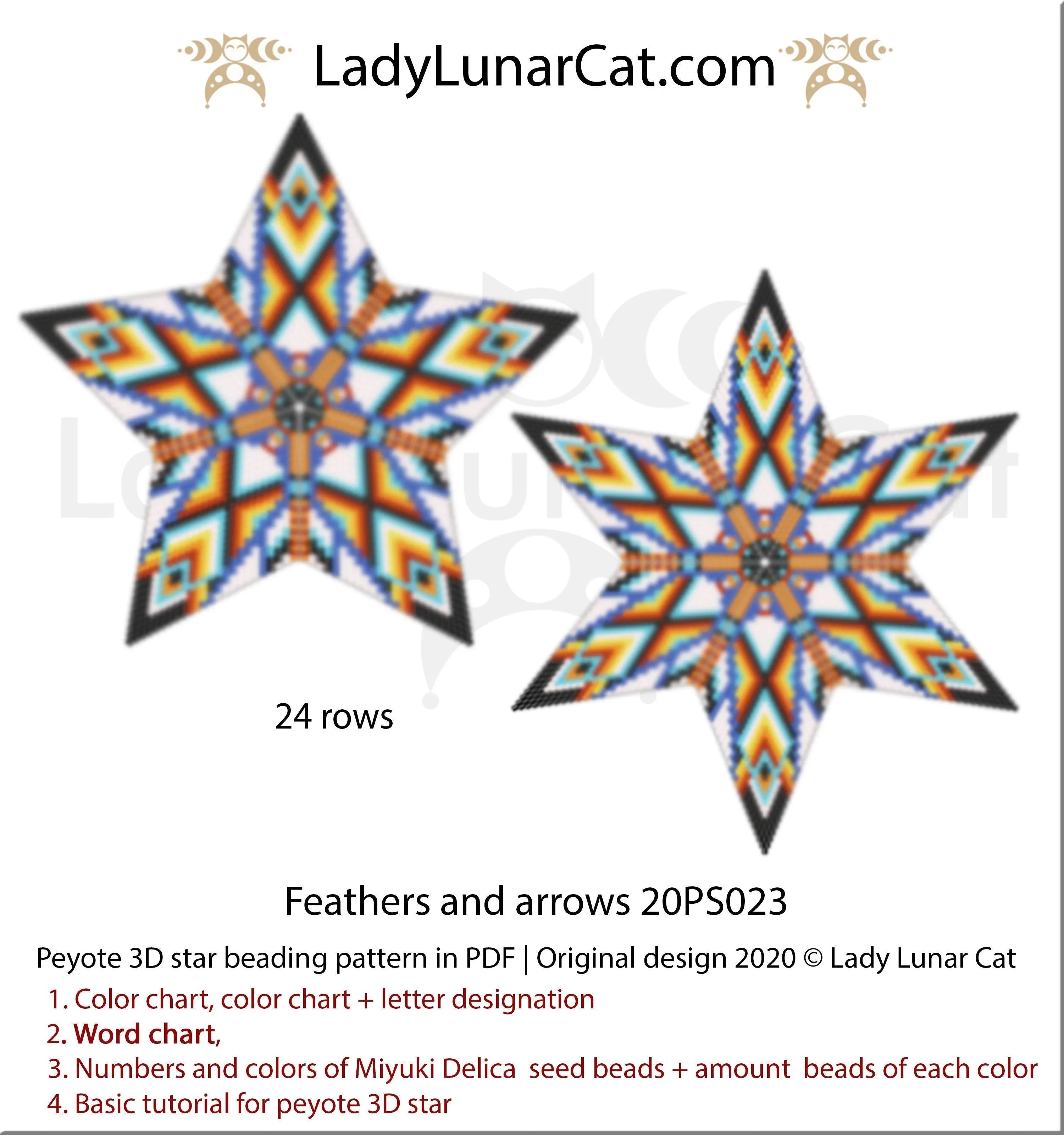 Lady Lunar Cat feathers arrows 3D peyote star — geometric beading PDF 20PS023