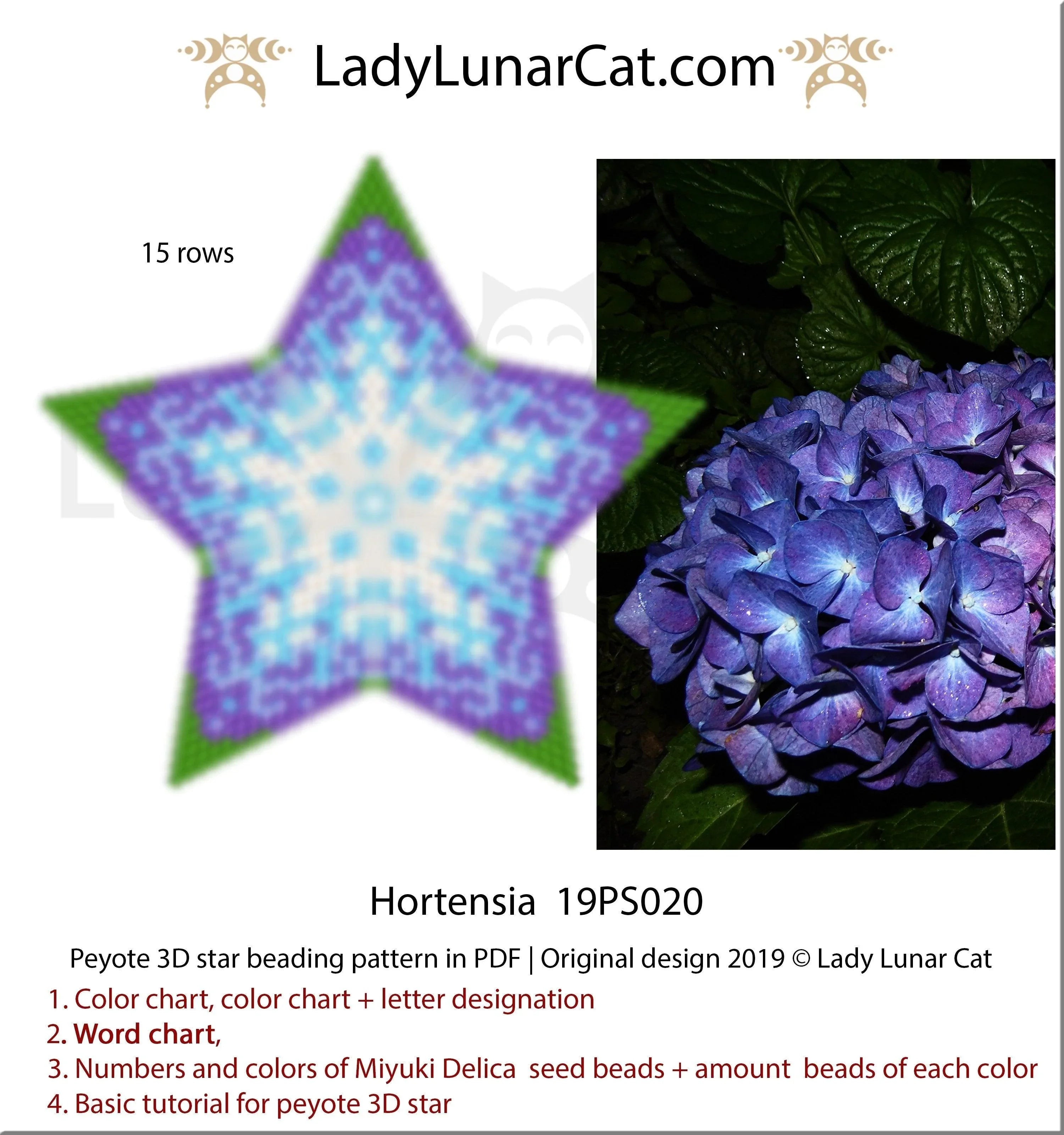 Hydrangea beaded star full view - soft blue Miyuki Delica 11/0 hortensia LadyLunarCat