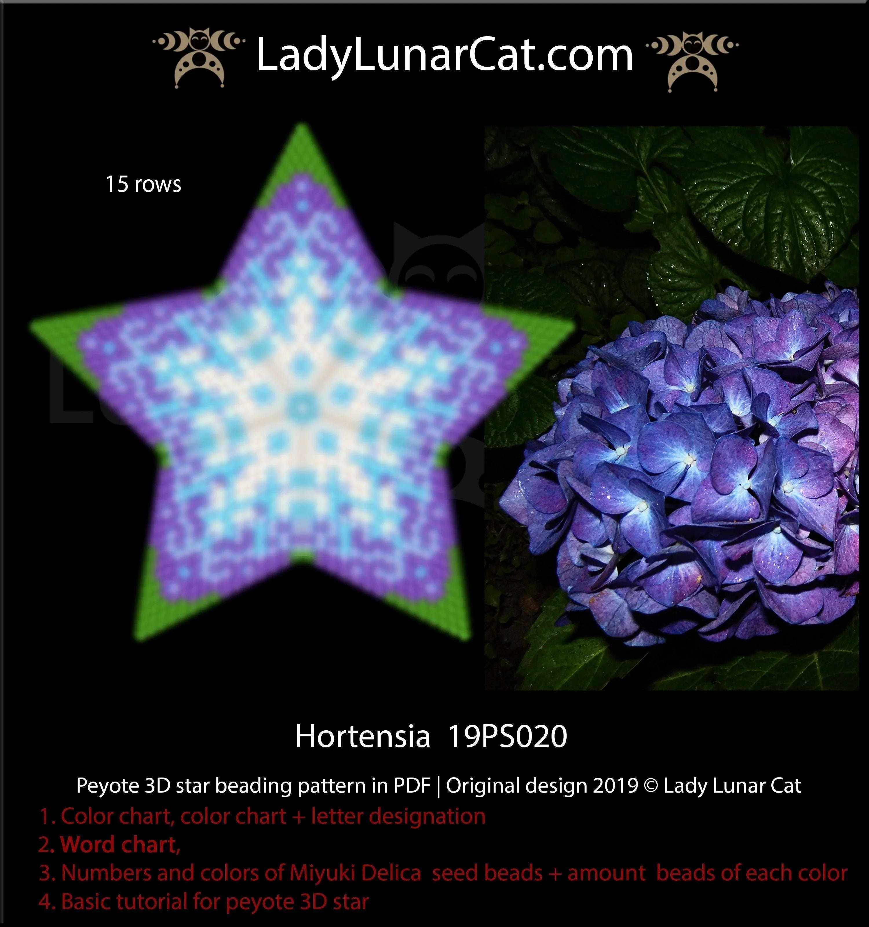 Hydrangea beaded star pattern chart - word chart and bead legend PDF LadyLunarCat