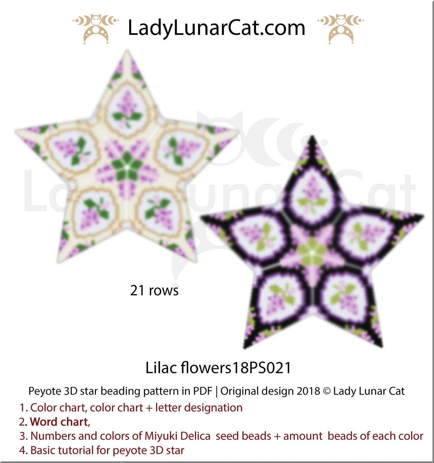3d peyote star patterns for beading Lilac flowers 18PS021 LadyLunarCat