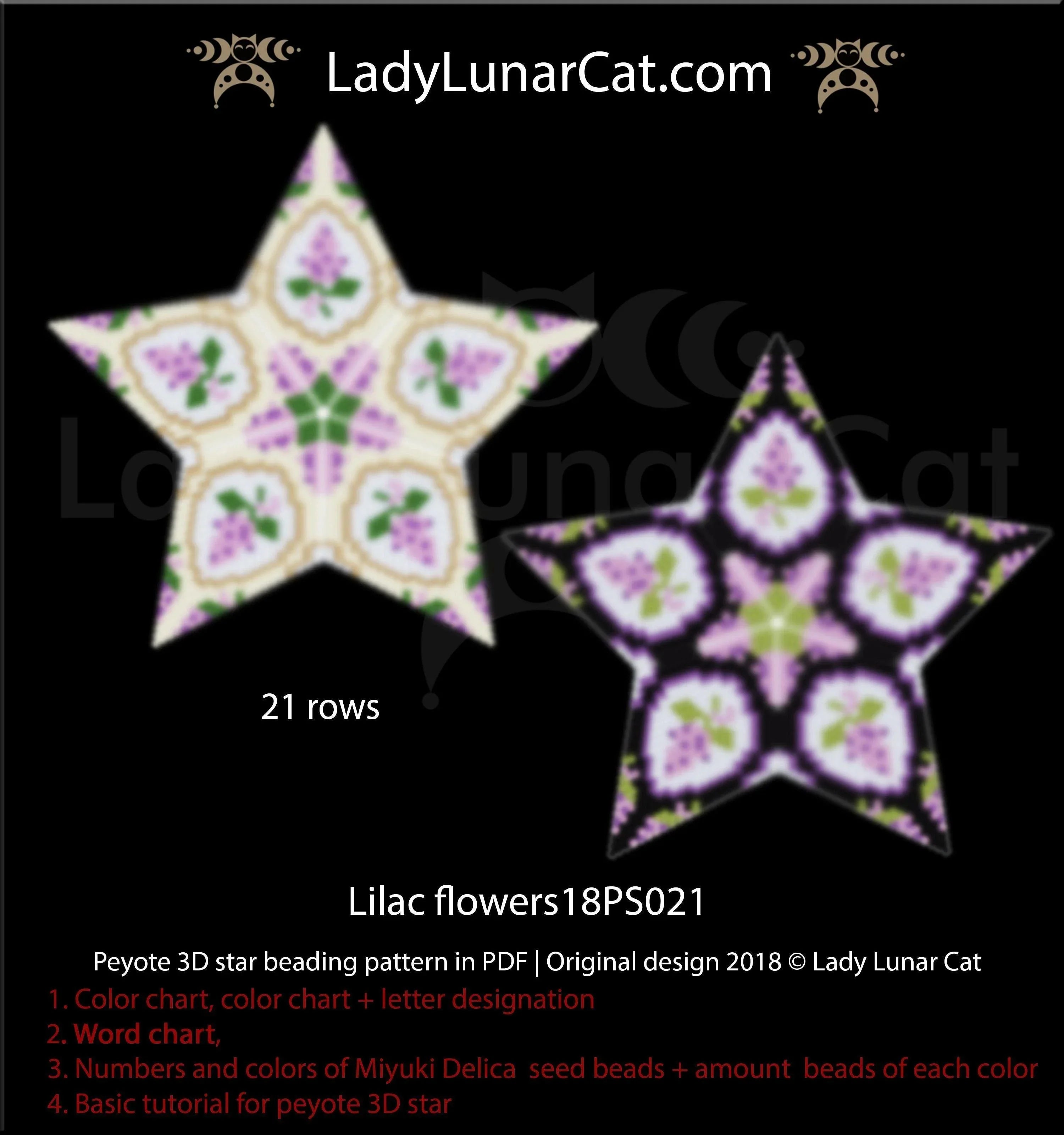Lilac peyote star beaded by Terrie Hoelscher - finished example 3 versions LadyLunarCat