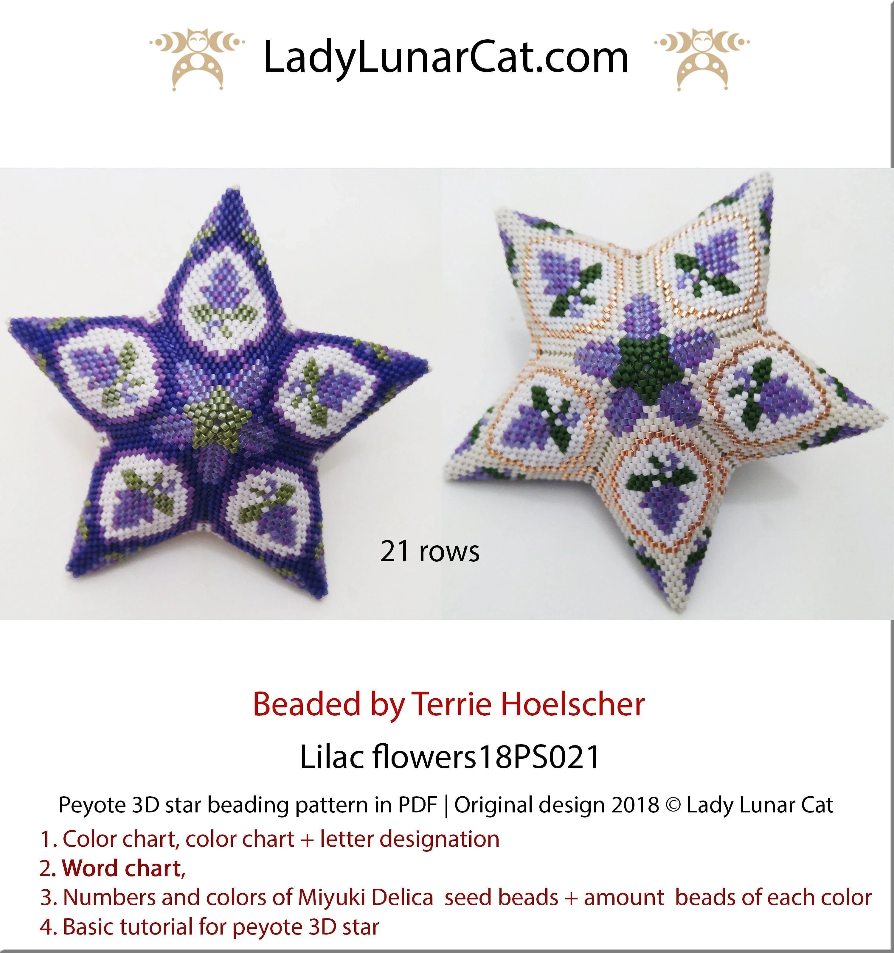 Lilac flowers peyote star 18PS021 - 3 versions 41 beads up to 8 colors spring garden PDF LadyLunarCat