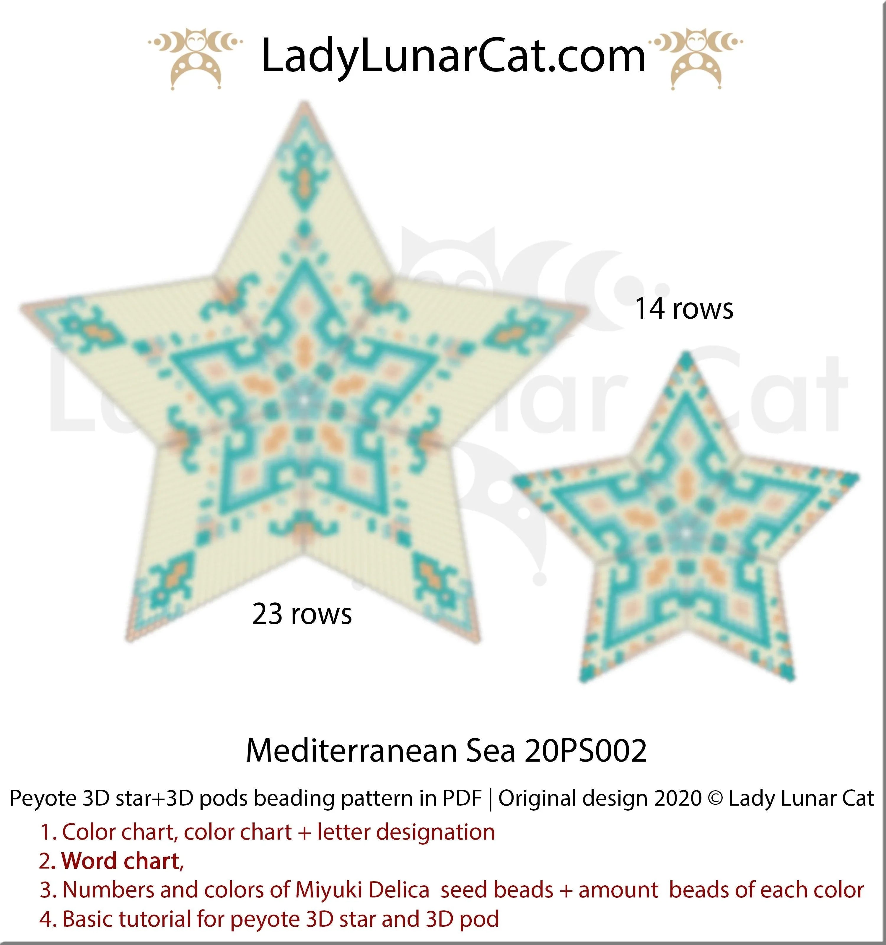 Mediterranean sea peyote star — 2 versions, 5 colors each, 45-bead radius, Miyuki Delica 11/0