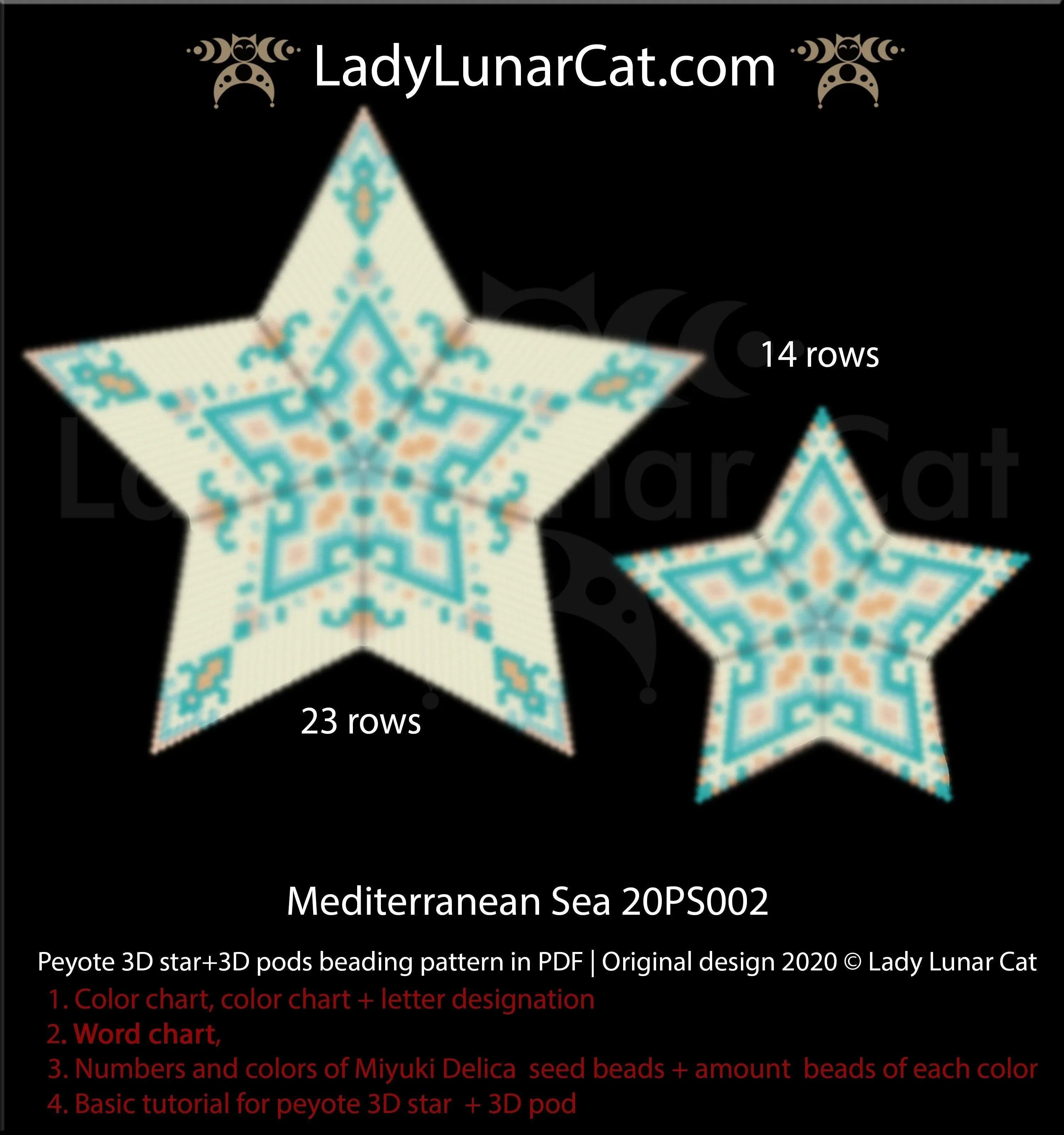 3D peyote star Mediterranean sea — 23 rows, 37-page PDF, ocean summer, instant download