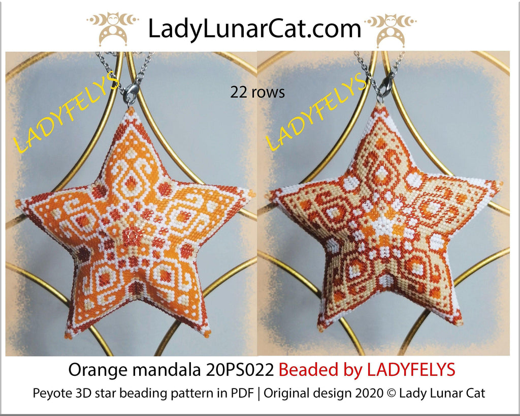 3d peyote star patterns for beading Orange mandala 20PS022 LadyLunarCat