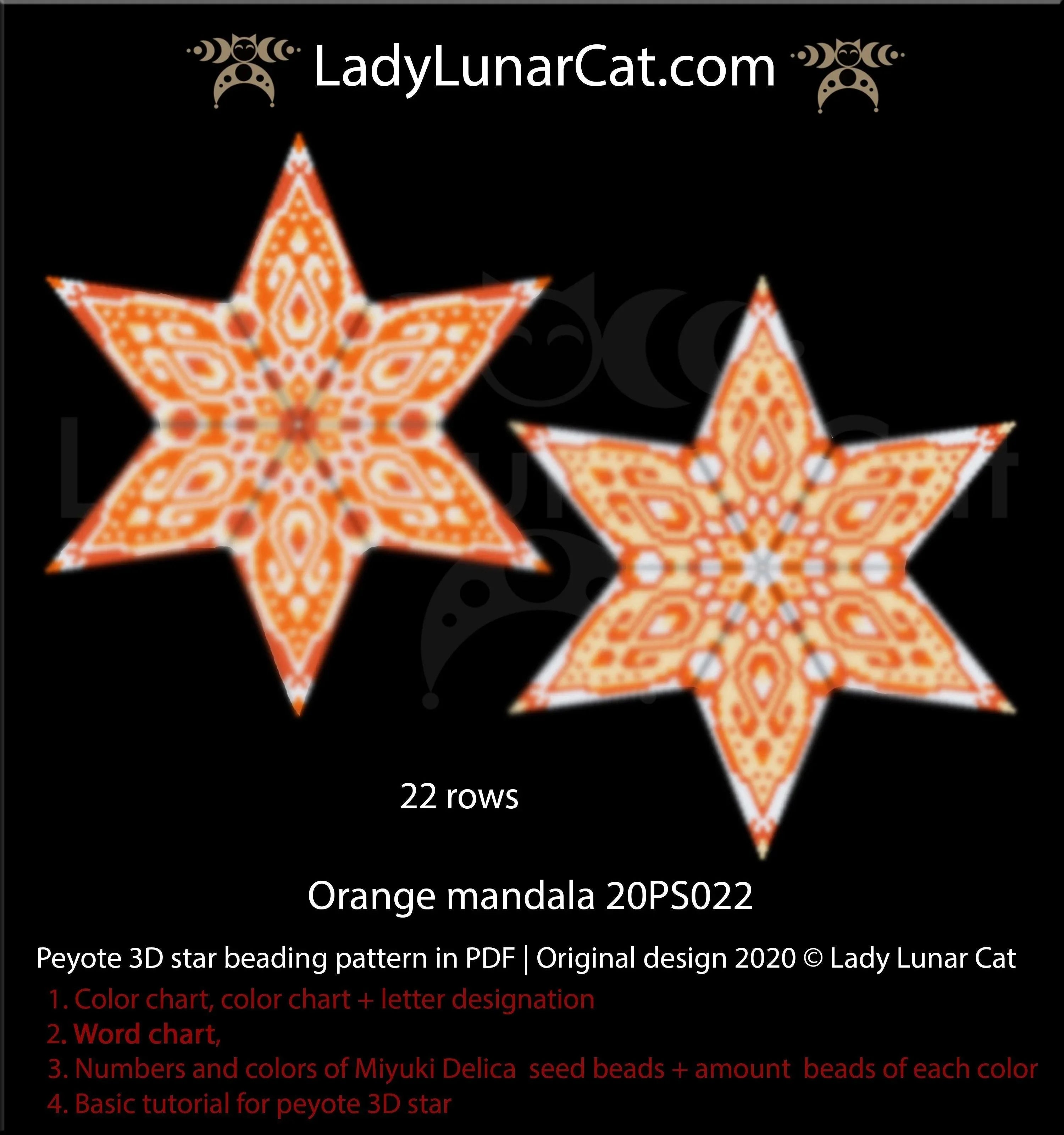 Orange Mandala beaded star full view - geometric mandala 22 rows Miyuki Delica LadyLunarCat