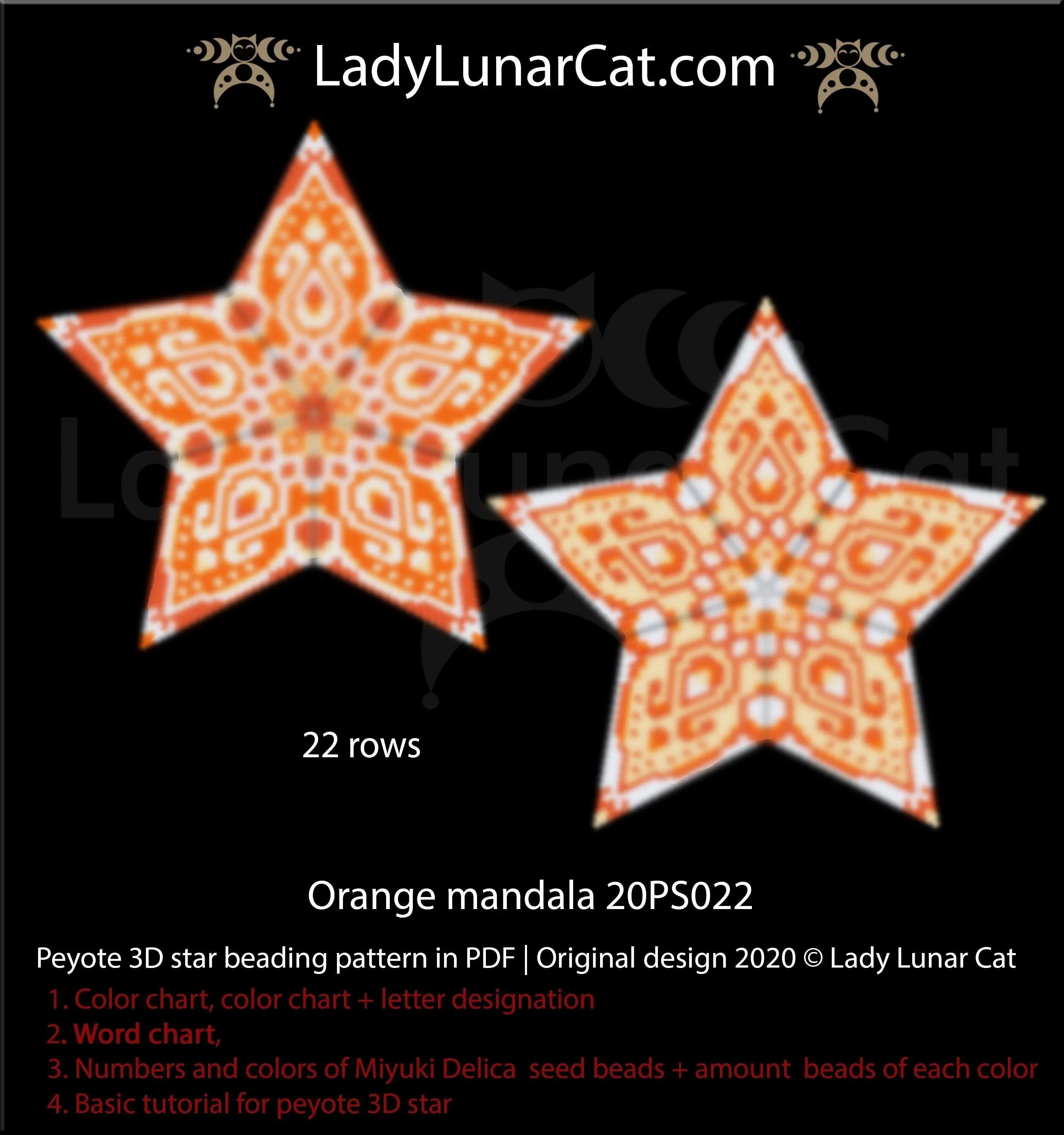 Orange Mandala peyote star colorway 1 - warm orange tones 3D star design LadyLunarCat