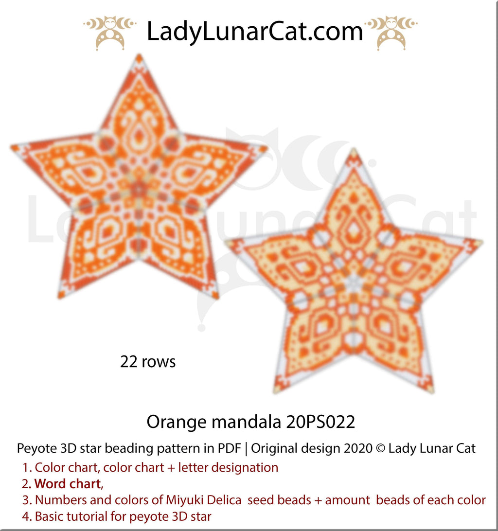 3d peyote star patterns for beading Orange mandala 20PS022 LadyLunarCat