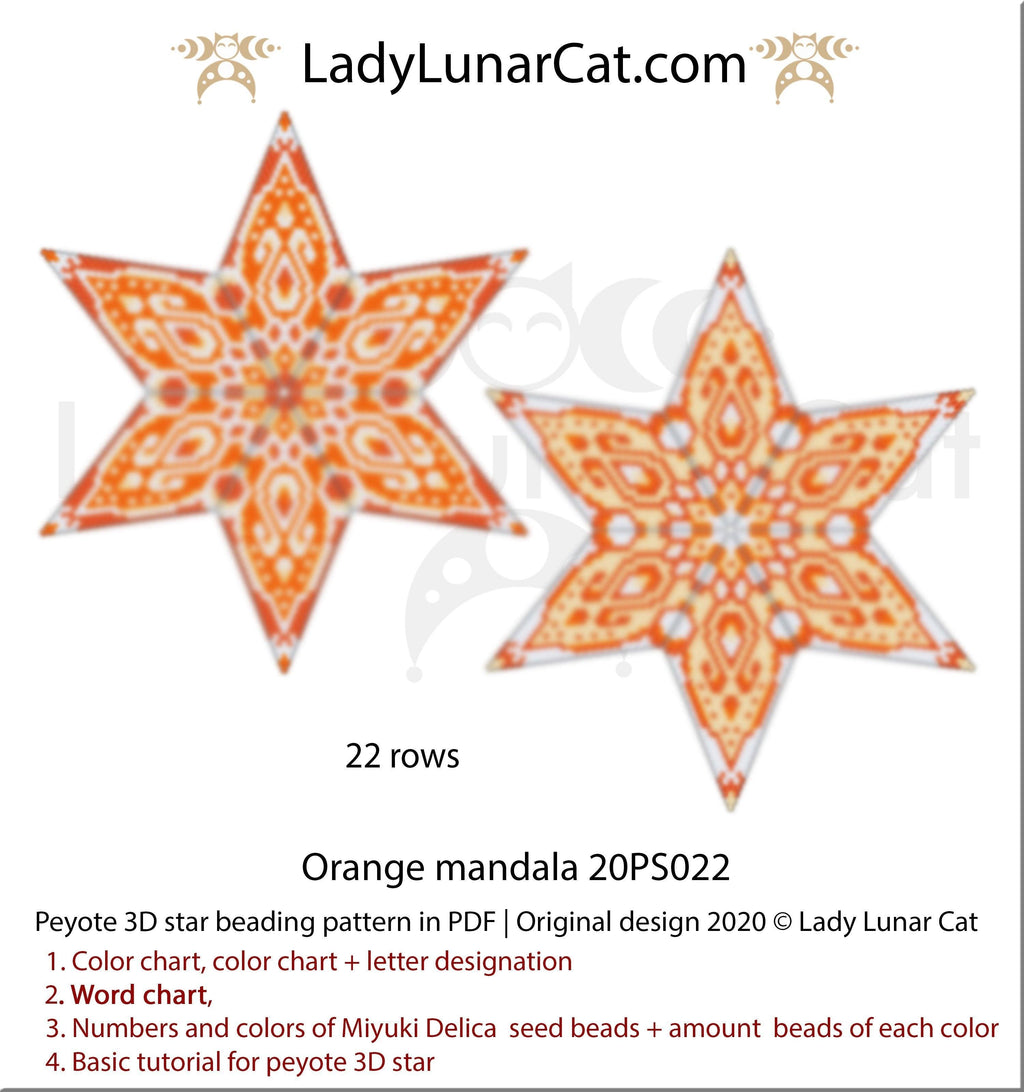 3d peyote star patterns for beading Orange mandala 20PS022 LadyLunarCat