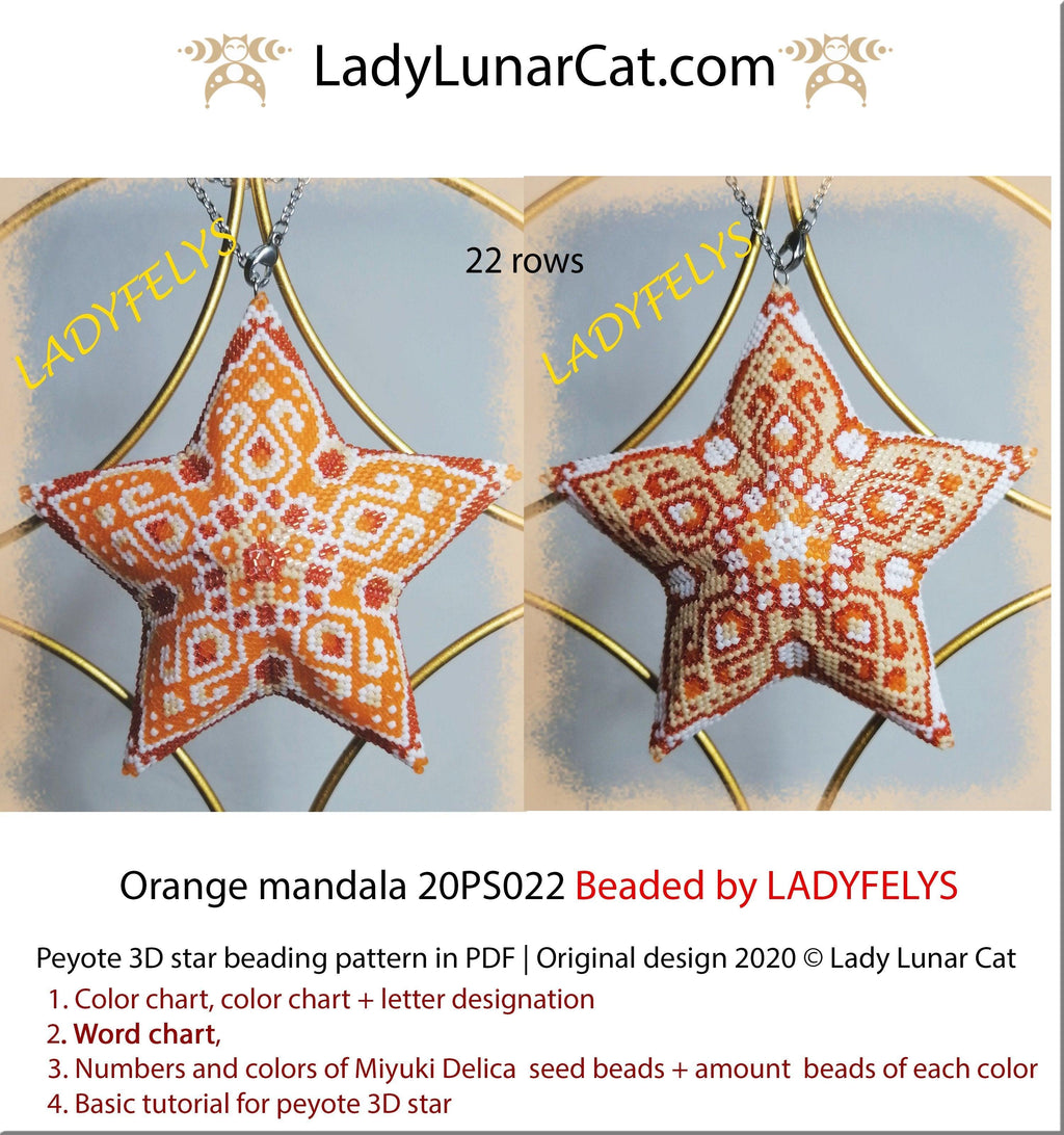 3d peyote star patterns for beading Orange mandala 20PS022 LadyLunarCat