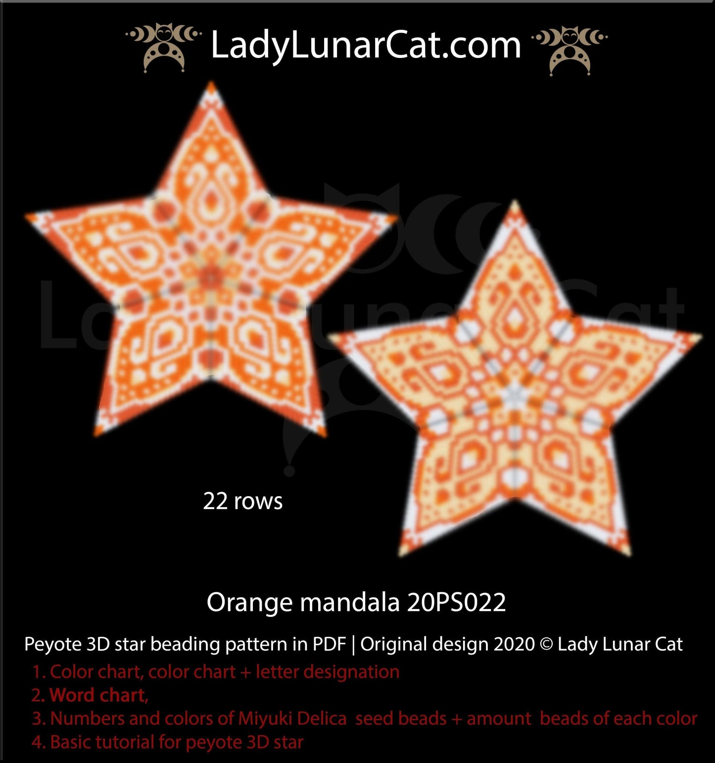 3d peyote star patterns for beading Orange mandala 20PS022 LadyLunarCat