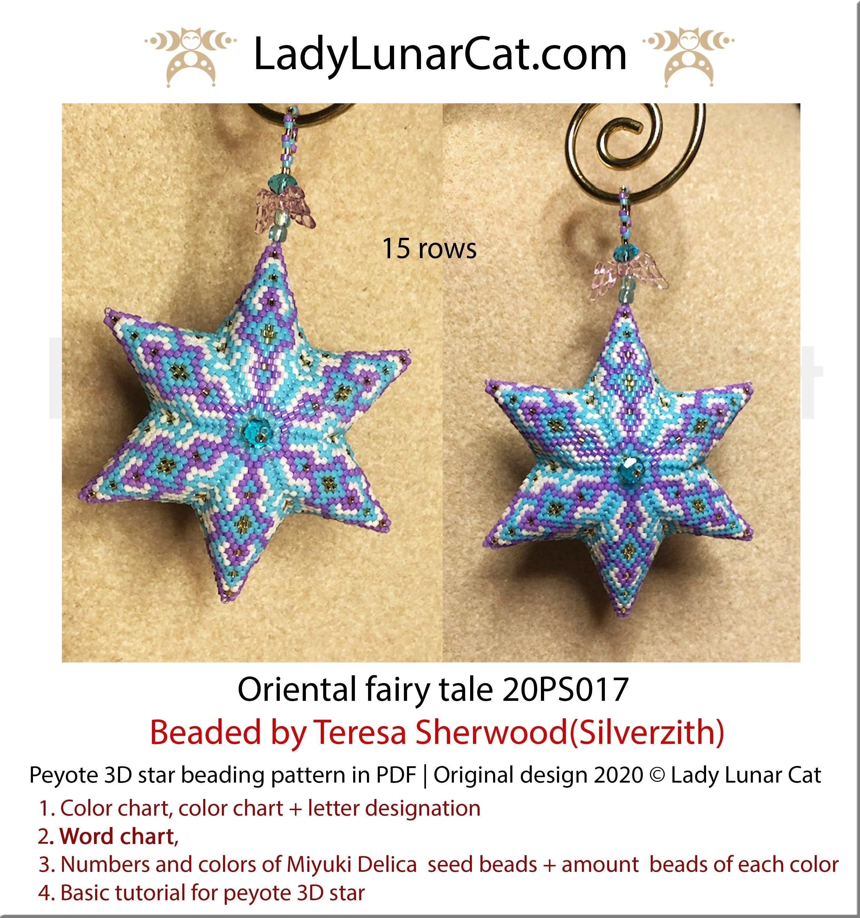 Oriental fairy tale peyote star by Lady Lunar Cat — small mandala folk geometric beading PDF 20PS017