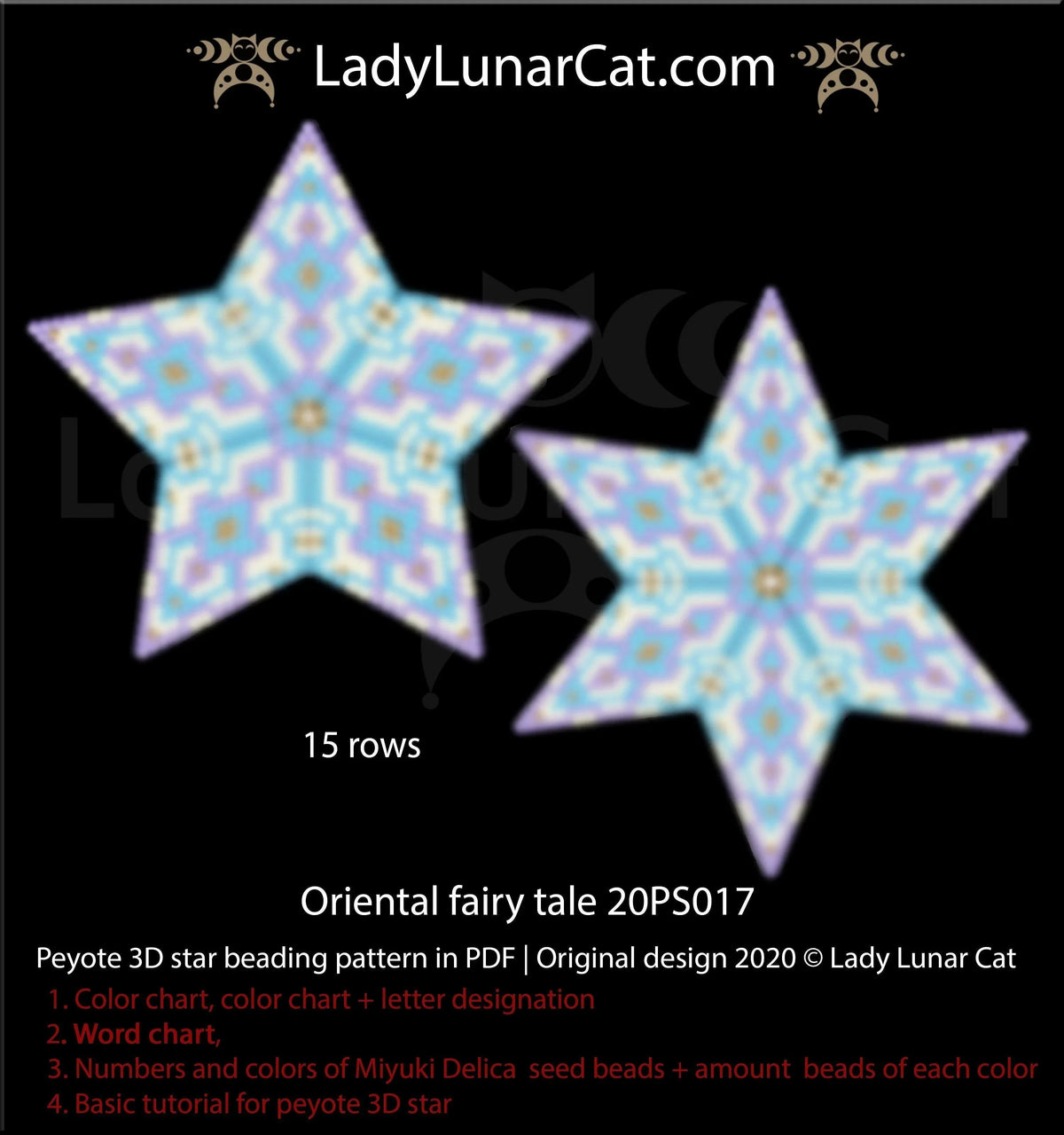 Lady Lunar Cat oriental fairy tale peyote star — small mandala folk geometric beading PDF 20PS017