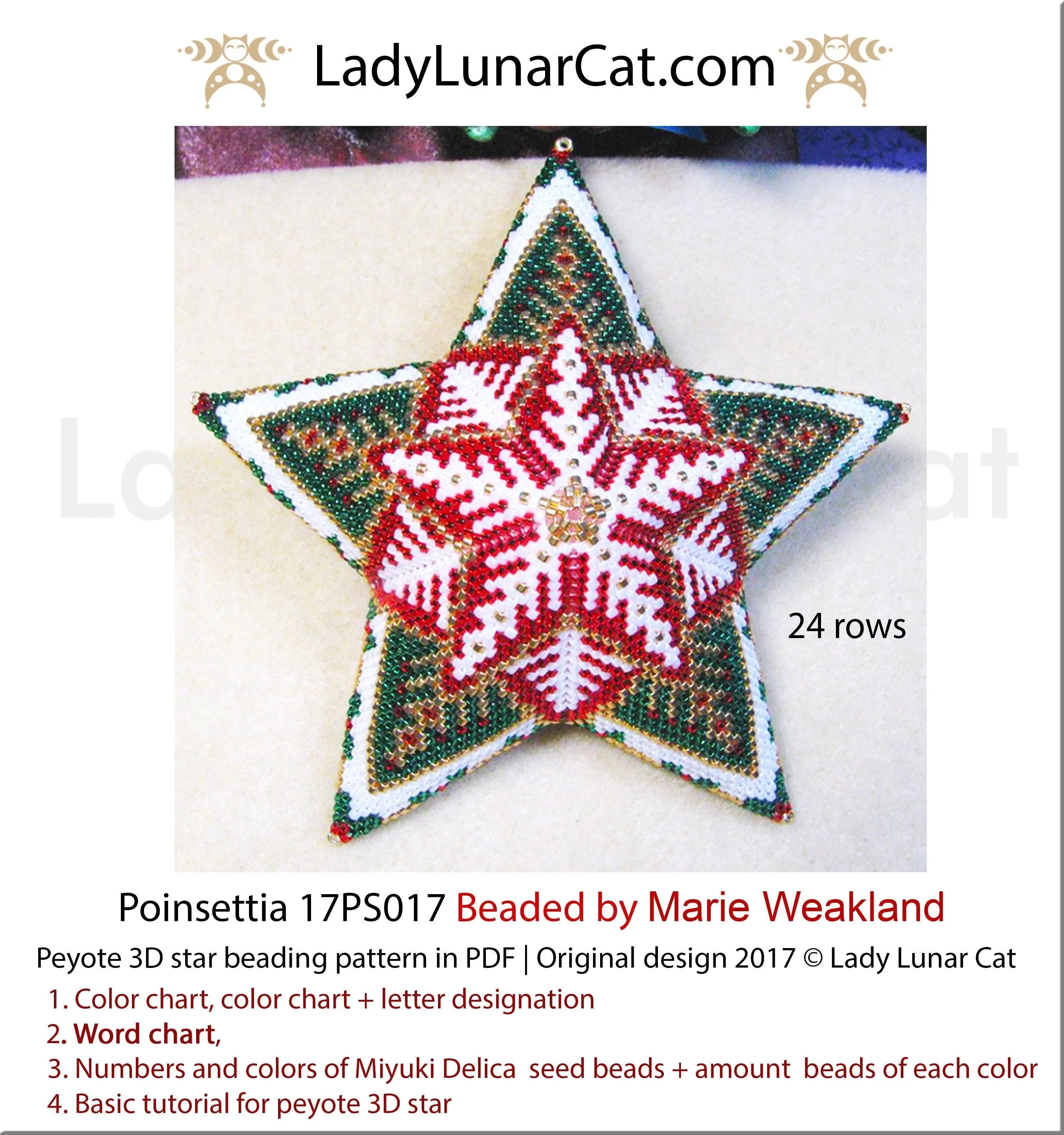 Poinsettia peyote star pattern by Lady Lunar Cat — 2 sizes Christmas flower floral beading PDF 17PS017