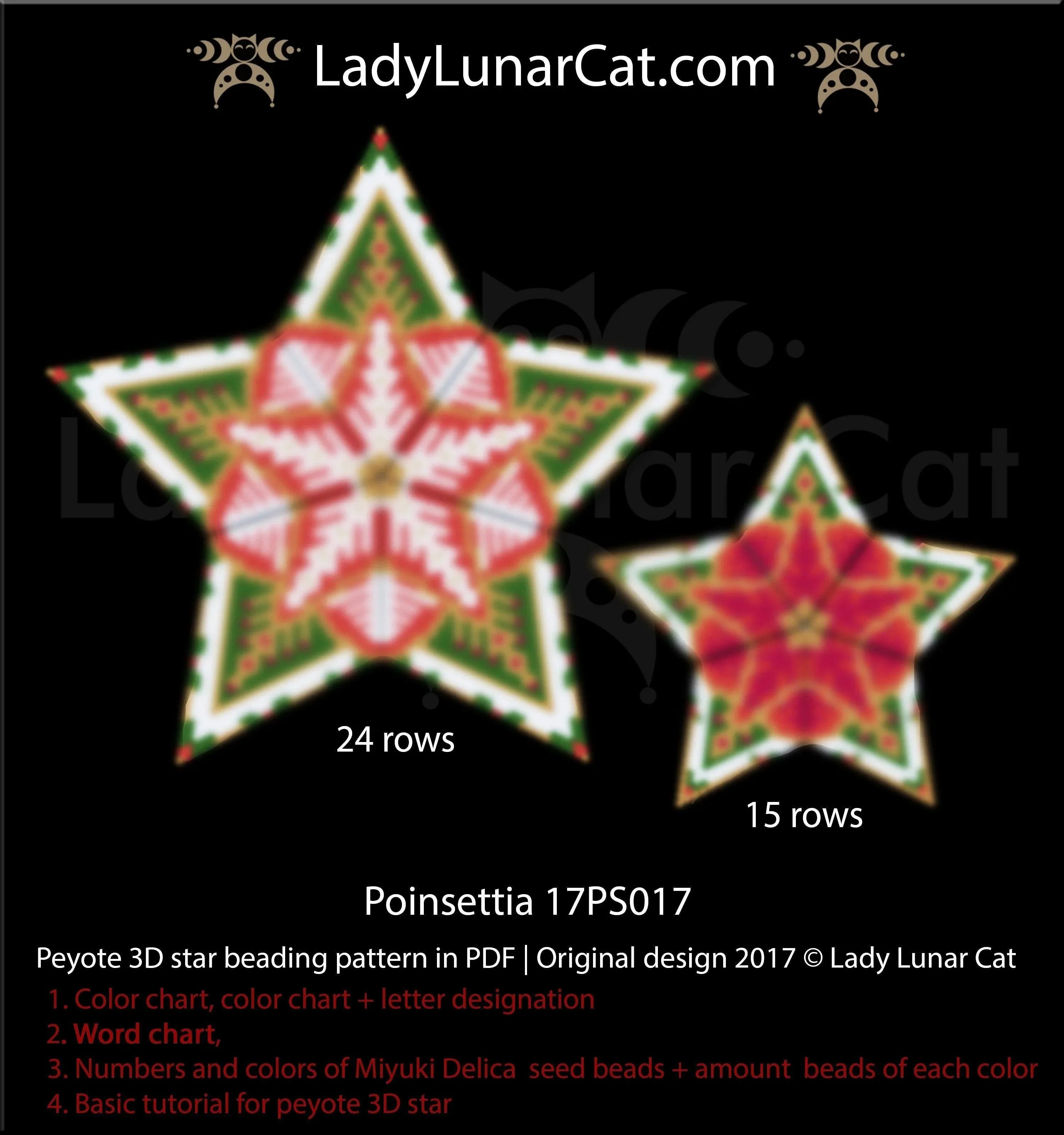 Poinsettia peyote star — 2 sizes Christmas flower floral vintage ornament beading LadyLunarCat