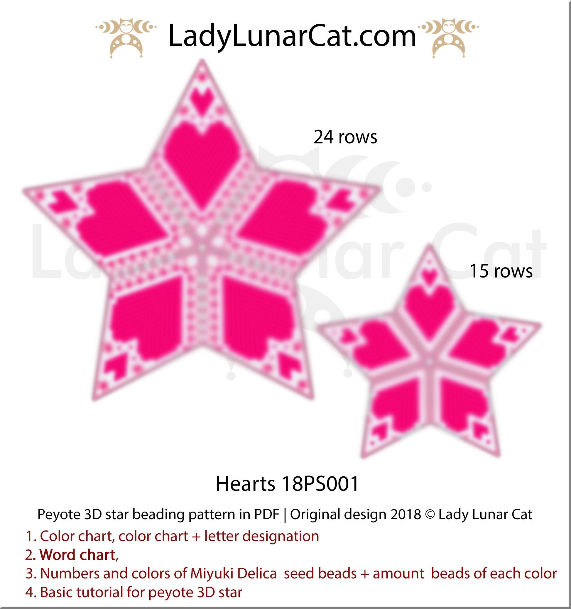 3d peyote star patterns for beading Red Hearts 18PS001 LadyLunarCat