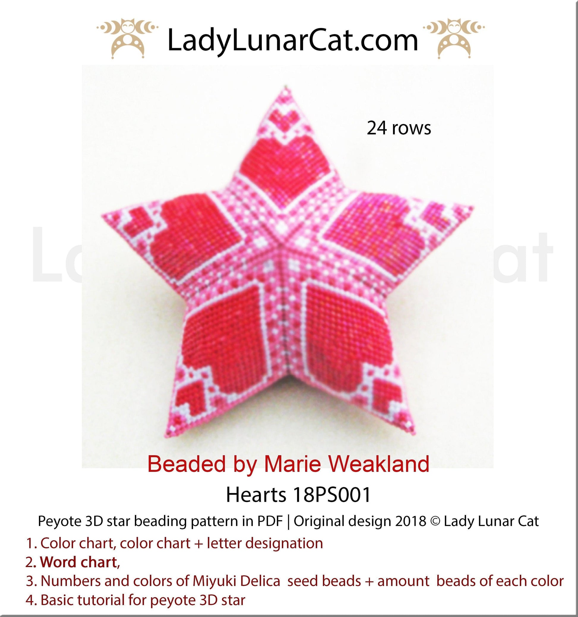 3d peyote star patterns for beading Red Hearts 18PS001 LadyLunarCat