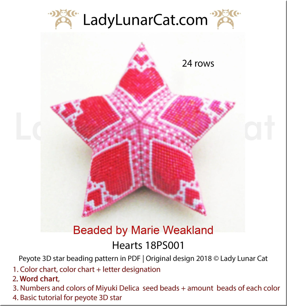 Red hearts peyote star pattern by Lady Lunar Cat — 2 sizes Valentine's Day romantic beading PDF 18PS001