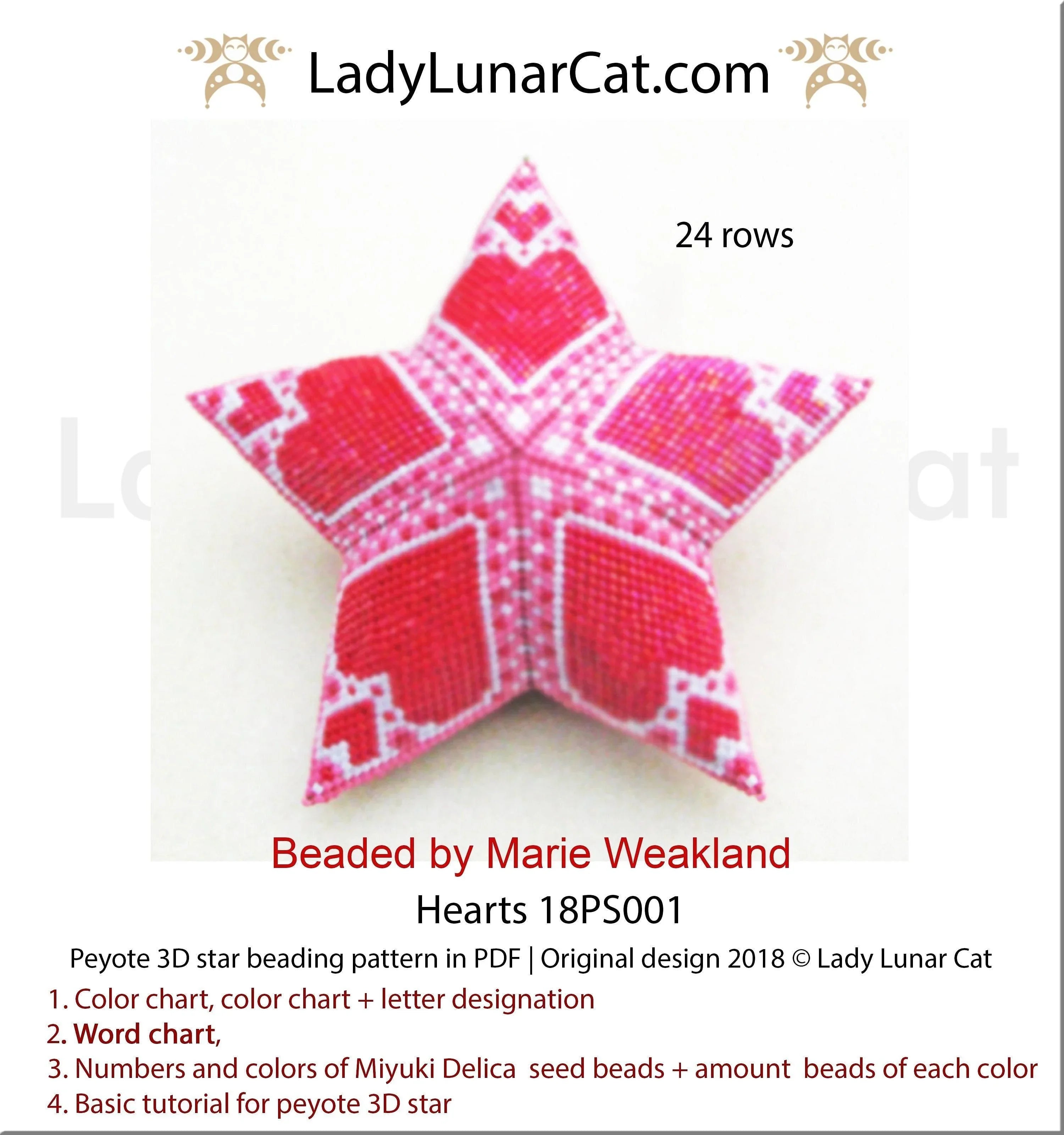 Red hearts peyote star pattern by Lady Lunar Cat — 2 sizes Valentine's Day romantic beading PDF 18PS001