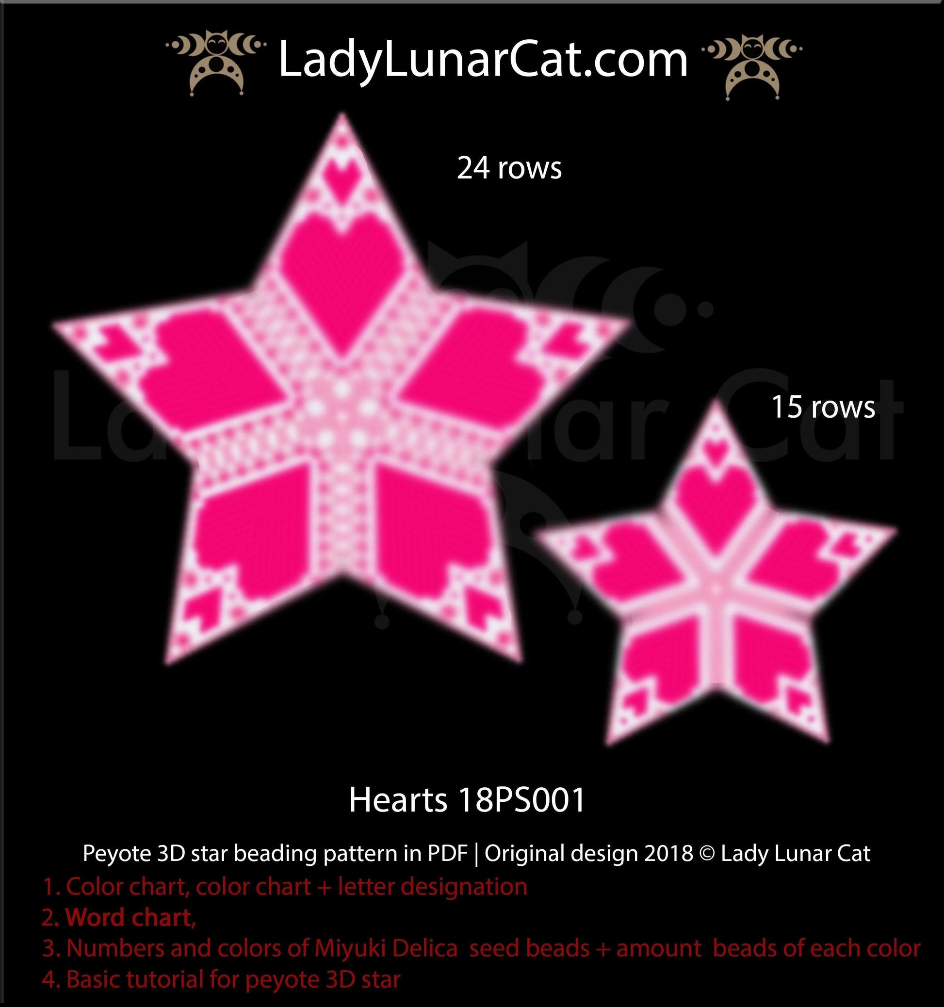 3d peyote star patterns for beading Red Hearts 18PS001 LadyLunarCat