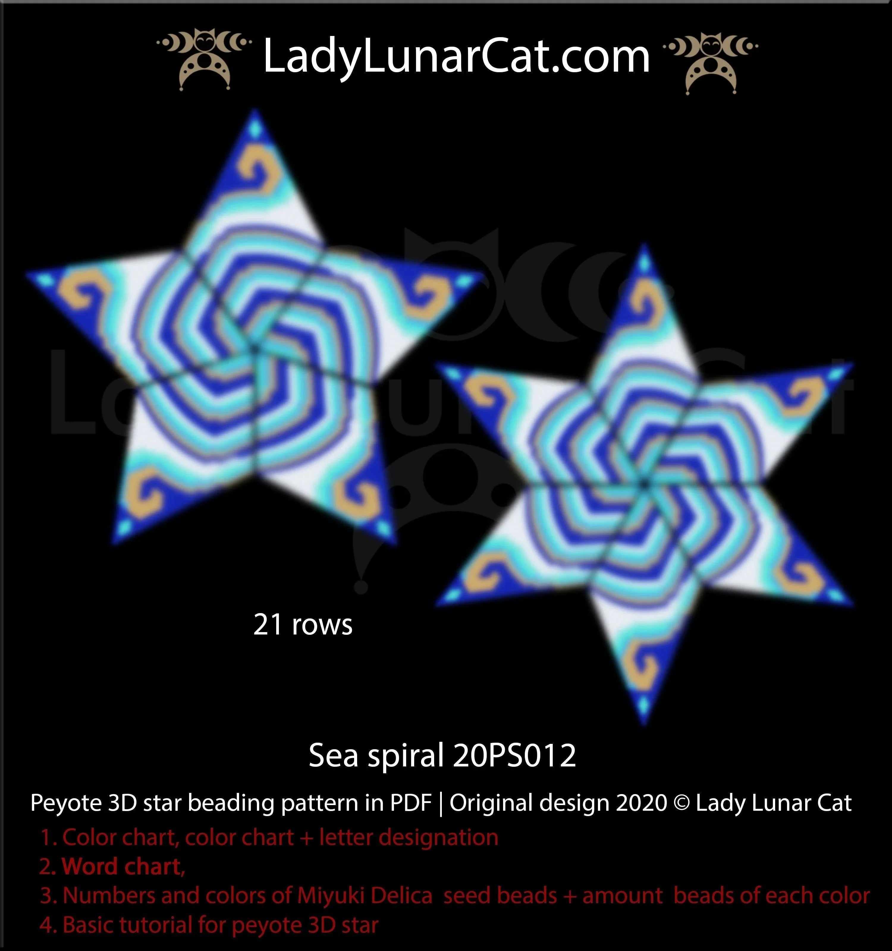 3D peyote star sea spiral — 21 corner rows, ocean celestial, instant download