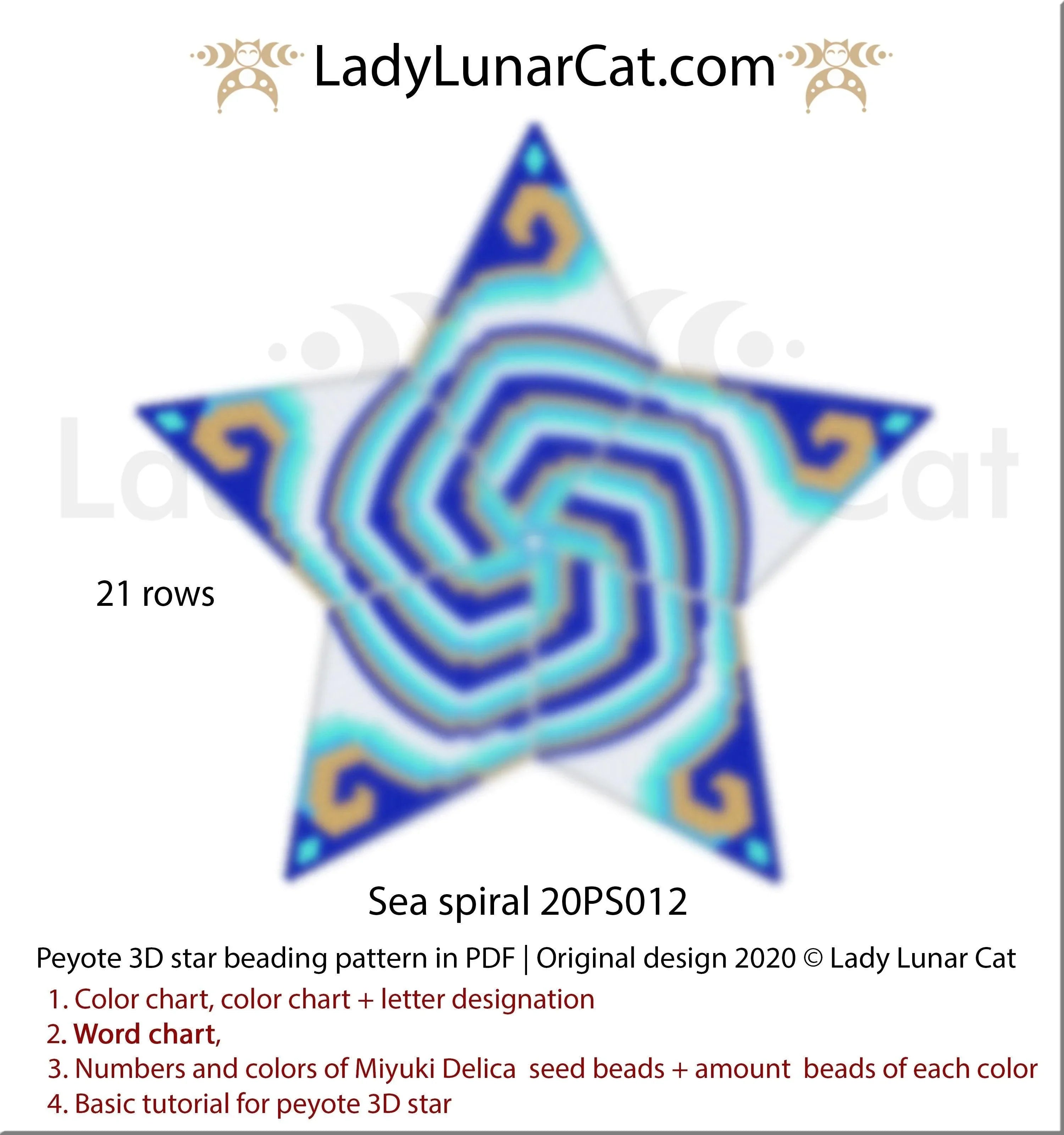 Sea spiral peyote star beading pattern preview — colored graph paper included