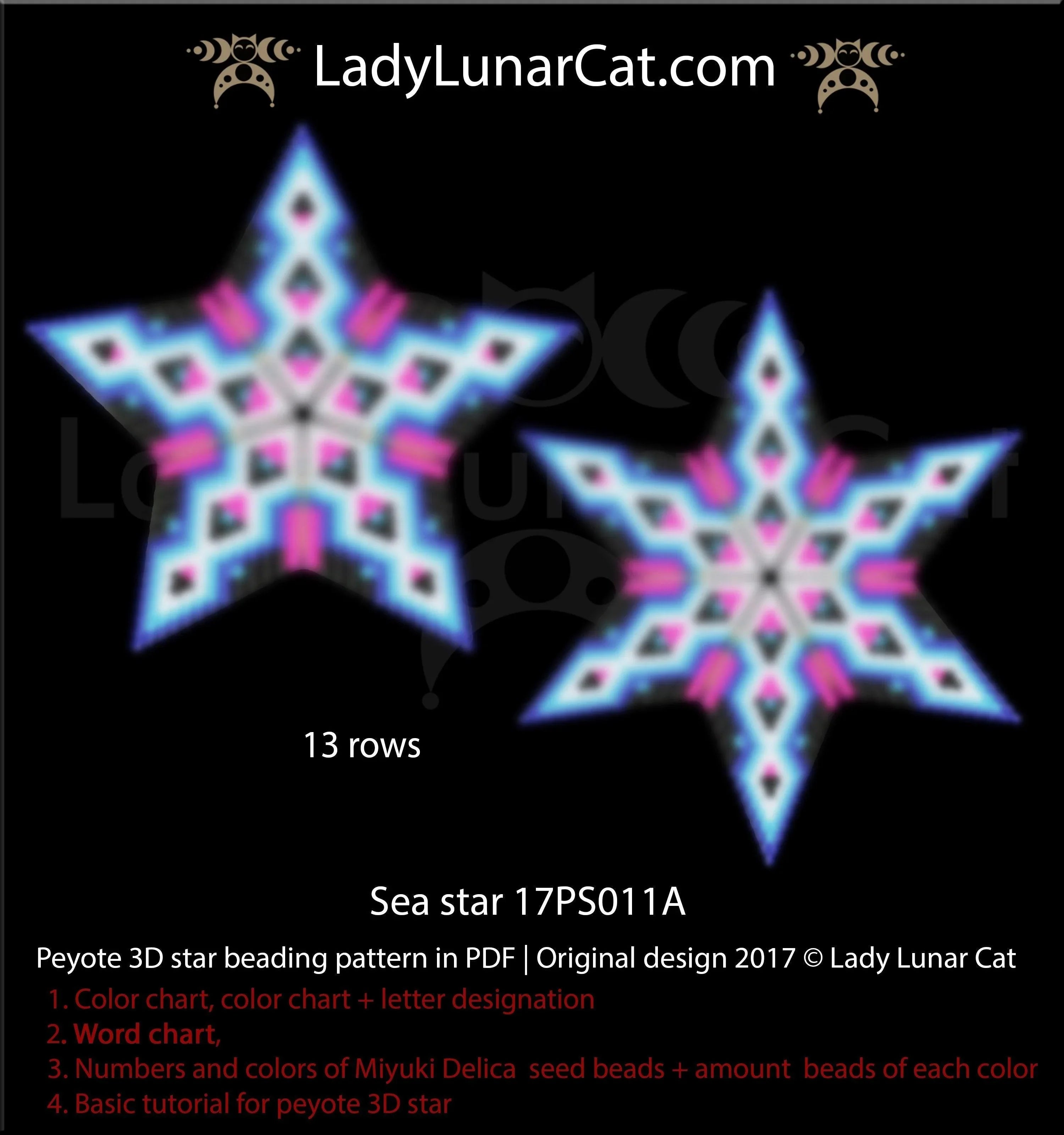 Sea Star beaded star detail - 3D peyote starfish pattern 25 beads PDF LadyLunarCat
