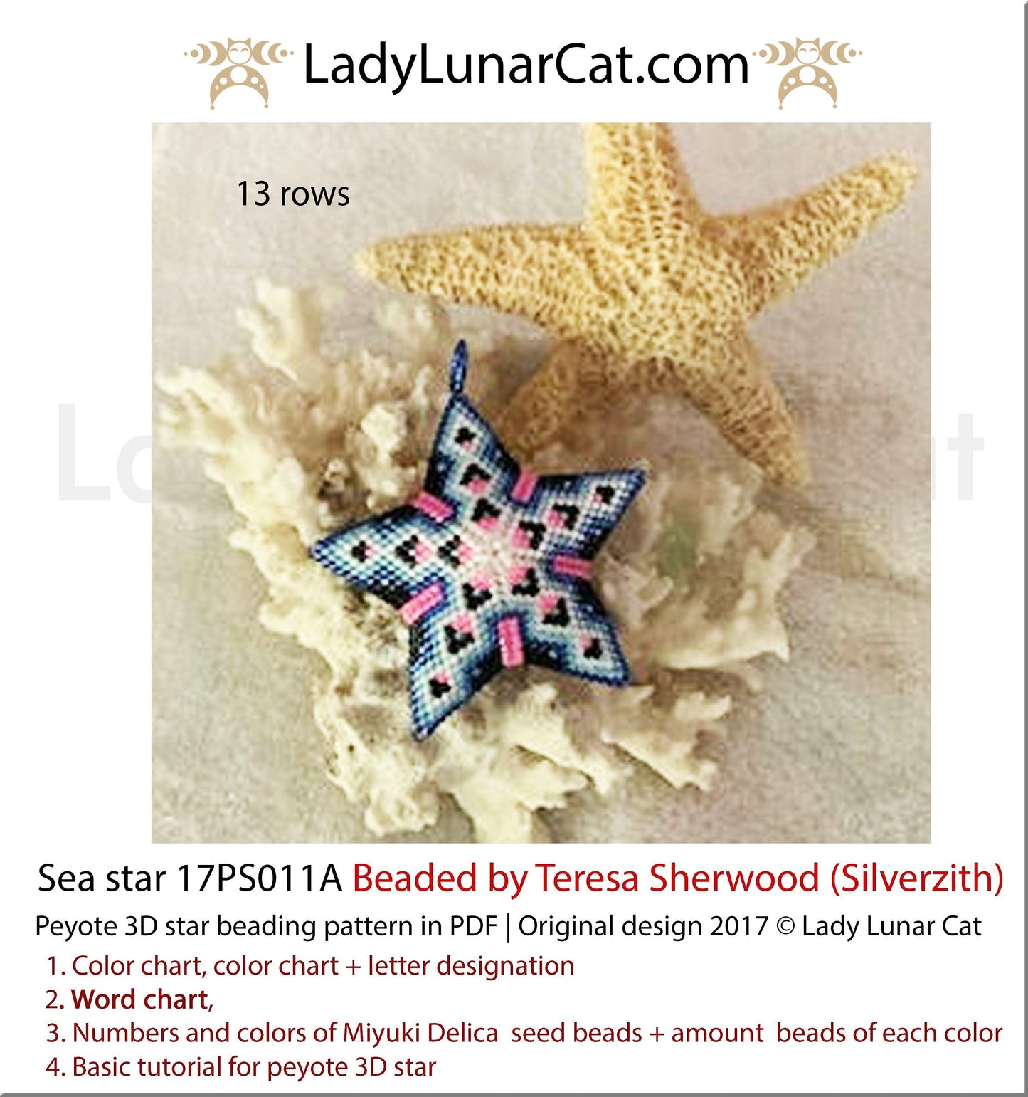 3d peyote star patterns for beading Sea star 17PS011A LadyLunarCat