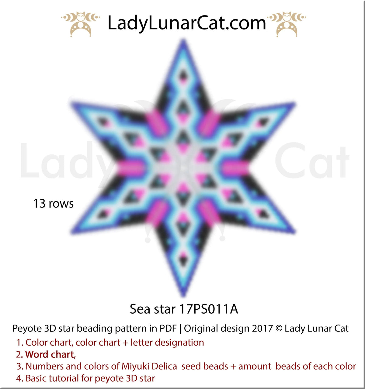 Sea Star beaded star colorway 3 - ocean blue Miyuki Delica beading PDF LadyLunarCat