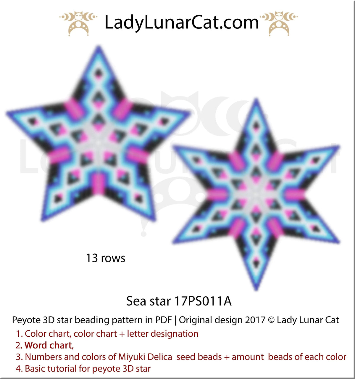 Sea Star 3D peyote star - word chart and bead legend included PDF LadyLunarCat