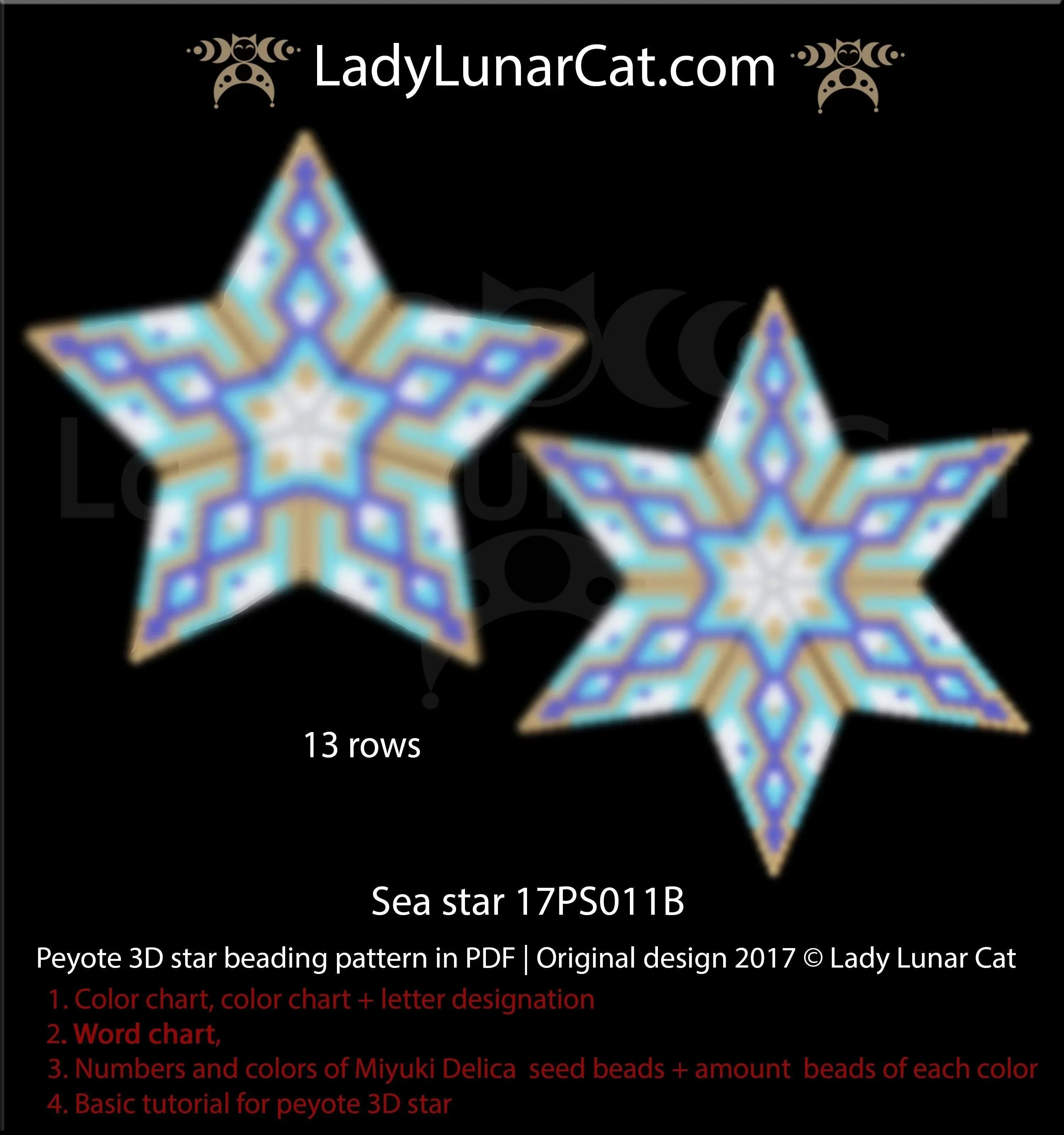 3D peyote star sea star — turquoise gold geometric small star instant download LadyLunarCat