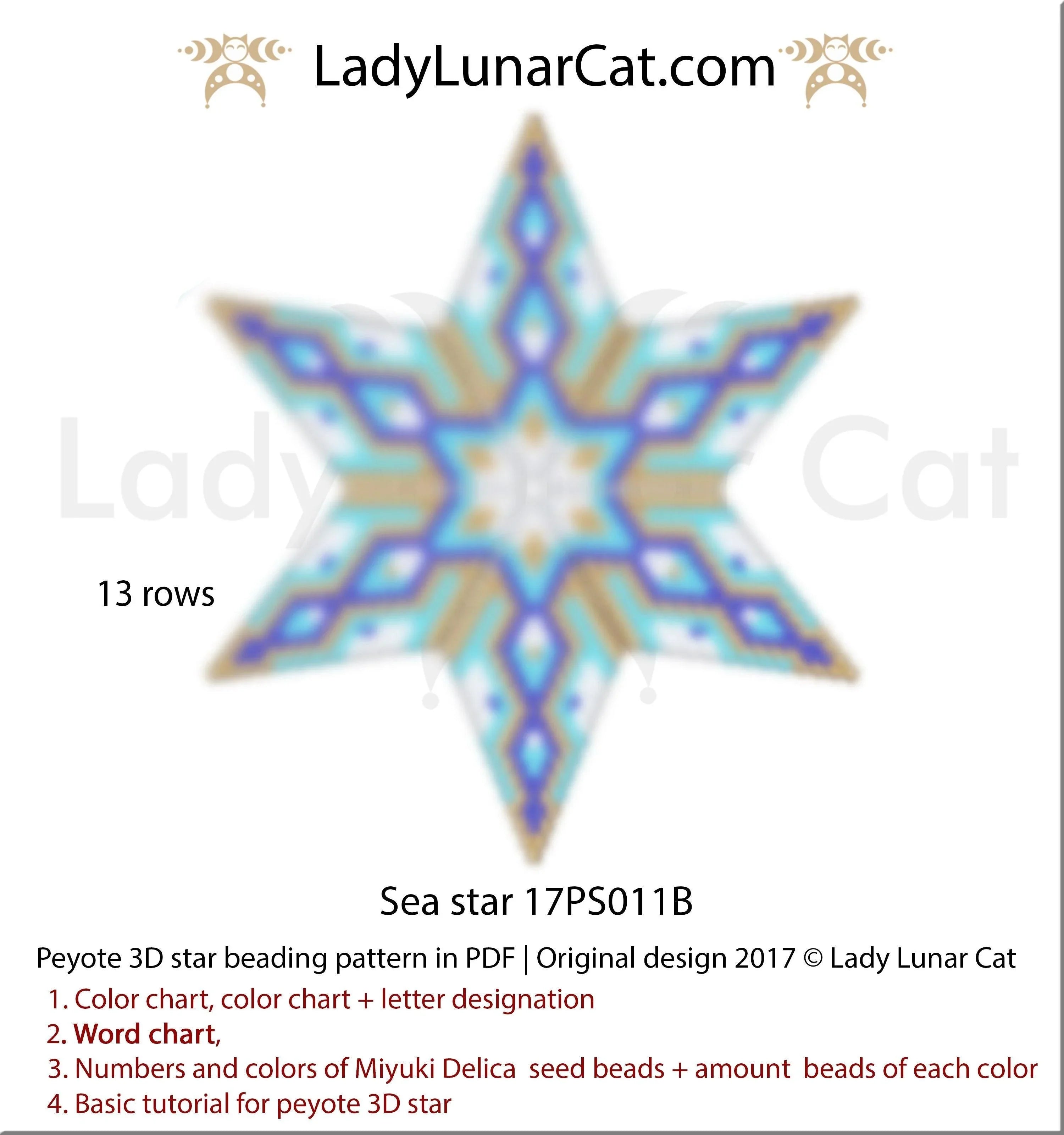 Sea star peyote pattern preview — turquoise gold small geometric star beading LadyLunarCat